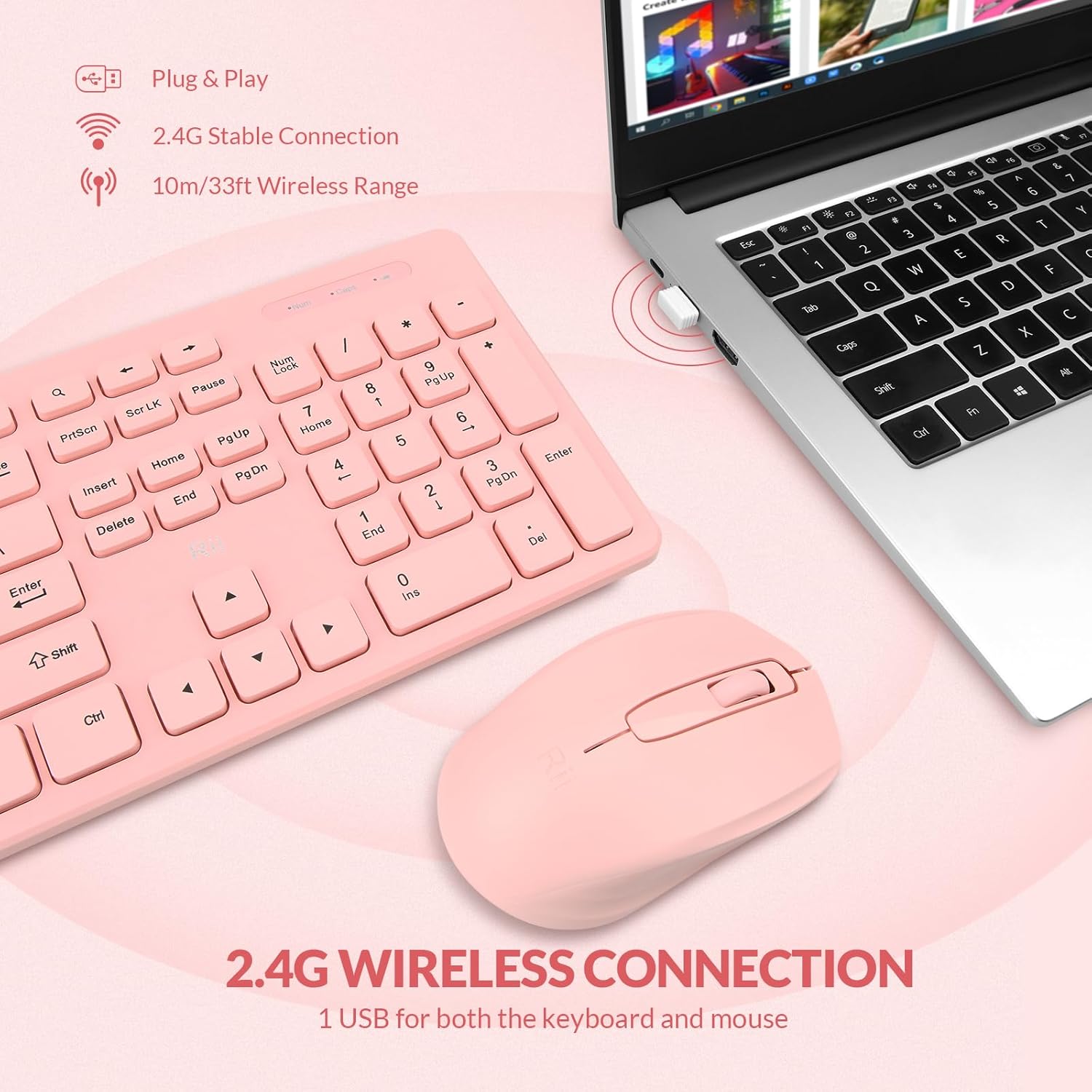 wireless keyboard and mouse combo rii standard office pc keyboard and optical wireless mice (pink)