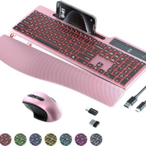 Wireless Keyboard Mouse Combo, Full Size Ergonomic Keyboard with Backlit, Wrist Rest, Calculator, Phone Holder, 2.4Ghz Silent Cordless Rechargeable Keyboard & Mouse for Laptop, PC (Pink Black)