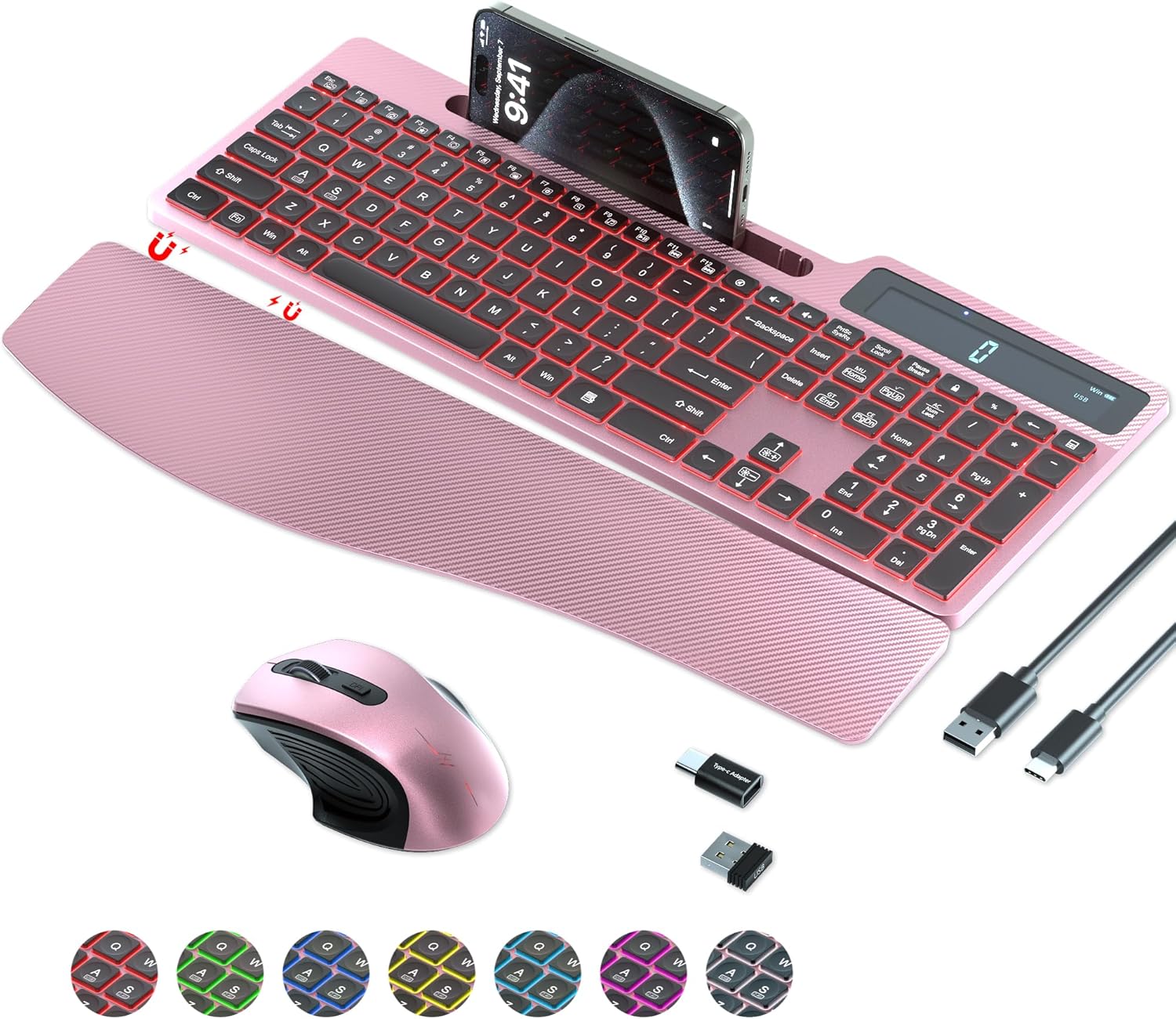 Wireless Keyboard Mouse Combo, Full Size Ergonomic Keyboard with Backlit, Wrist Rest, Calculator, Phone Holder, 2.4Ghz Silent Cordless Rechargeable Keyboard & Mouse for Laptop, PC (Pink Black)
