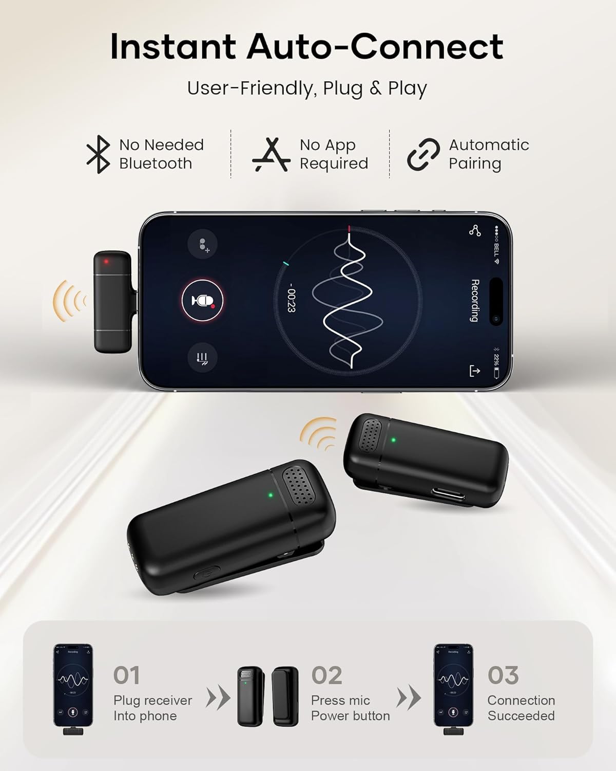 wireless lavalier microphone with charging case, 36h battery life, noise cancellation, 135ft range, plug and play clip on mic for iphone, ipad, android, youtube, vlog, live streaming