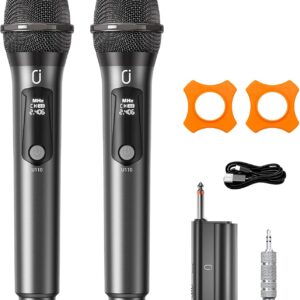 Wireless Microphones, Two Rechargeable Bluetooth 5.3 Microphones for Karaoke Singing, Rechargeable Dynamic Mic System with Receiver for Church, Party, Meeting, Speech, PA System, Plug and Play (15W)
