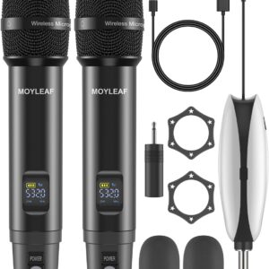 Wireless Microphones,Metal Microphone with Dual Professional UHF Cordless Dynamic System,Rechargeable Microphone Receiver for Karaoke Singing, Wedding,Party, DJ, Speech, Church, Class Use,240ft