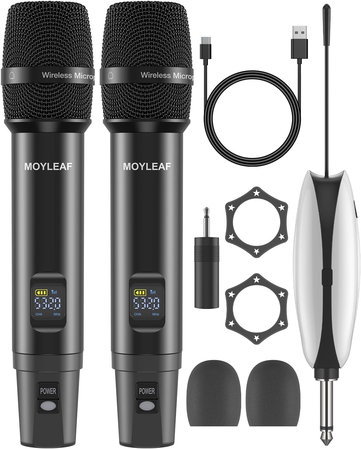 Wireless Microphones,Metal Microphone with Dual Professional UHF Cordless Dynamic System,Rechargeable Microphone Receiver for Karaoke Singing, Wedding,Party, DJ, Speech, Church, Class Use,240ft