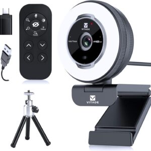 Zoomable Webcam with Remote Control, 1080P 60FPS Streaming Webcam with Adjustable Ring Light and Tripod, Pro USB 5X Digital Zoom Webcam for Zoom/Skype Teams/Laptop/Mac Windows