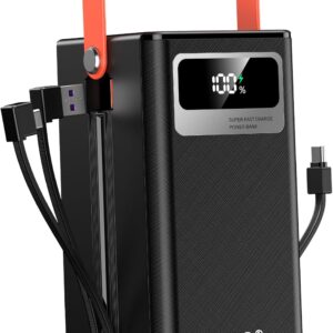 100000mAh Power Bank, 150W Fast Charging Portable Charger, with LED Light, with Built-in Cables, 4 Outputs & 3 Inputs, Rechargeable Portable Power Supply for Cell Phones, Wireless Headphones