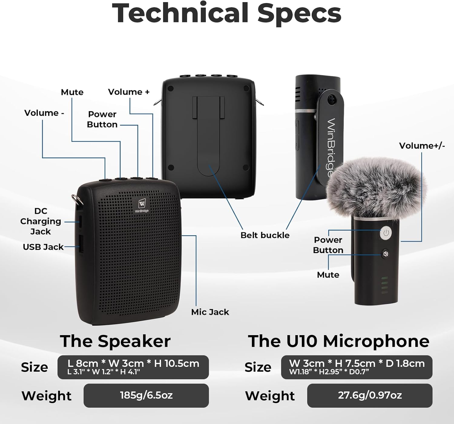 winbridge wb006 upgraded wireless voice amplifier – bluetooth lapel microphone with speaker, windproof foam compact & portable, clip on mic, mini megaphone for teachers presenters, tour guides