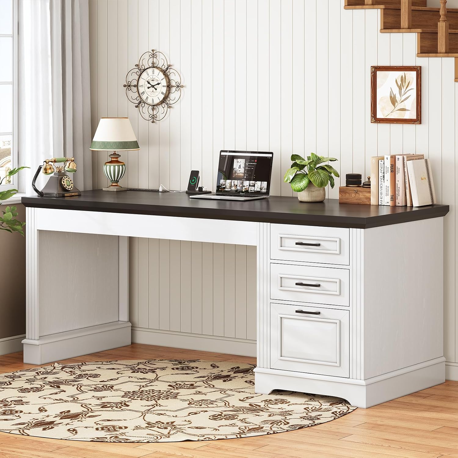 sedeta office desk with 3 drawers, 55" executive computer desk with storage drawers, farmhouse desk with power outlet for home office, white
