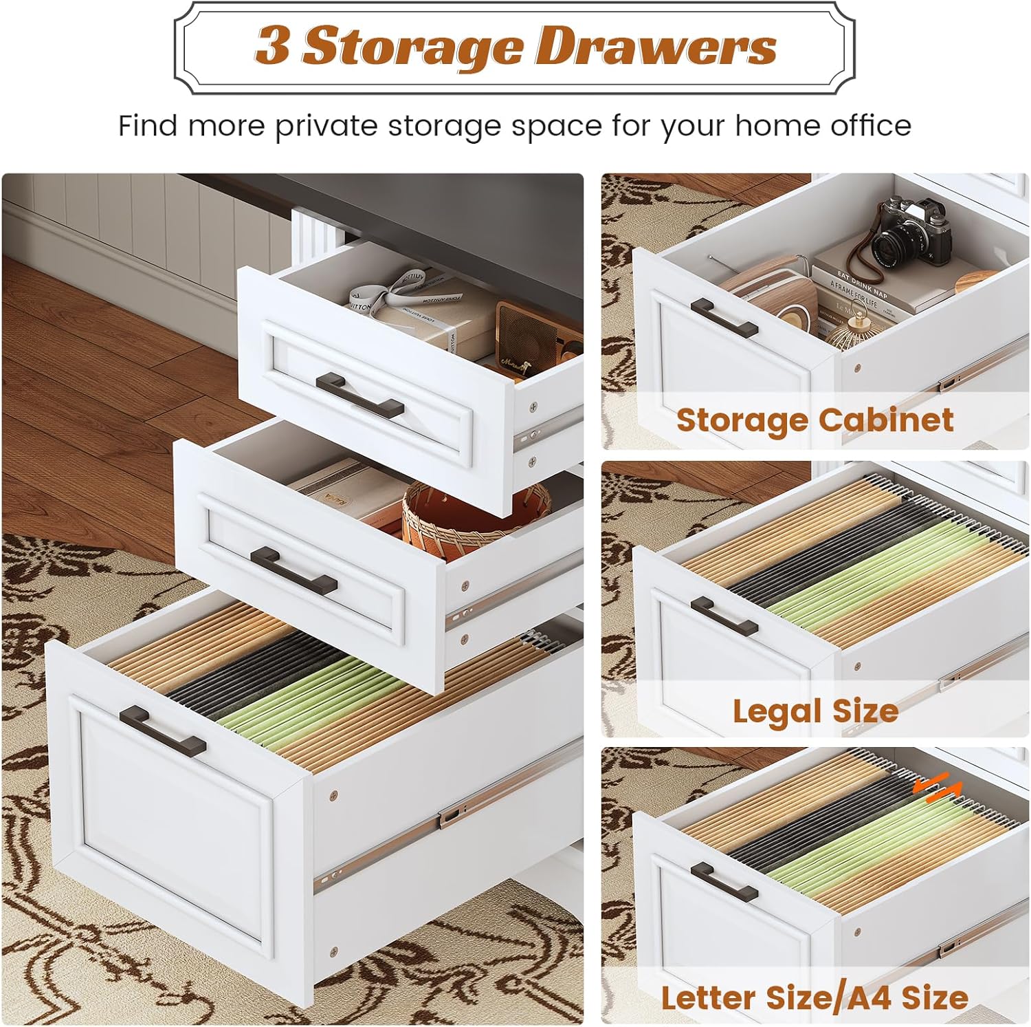 sedeta office desk with 3 drawers, 55" executive computer desk with storage drawers, farmhouse desk with power outlet for home office, white