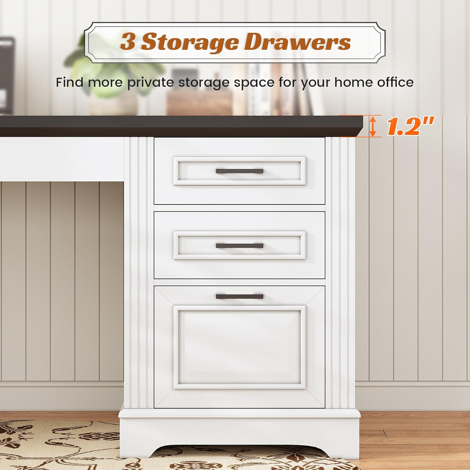 sedeta office desk with 3 drawers, 55" executive computer desk with storage drawers, farmhouse desk with power outlet for home office, white