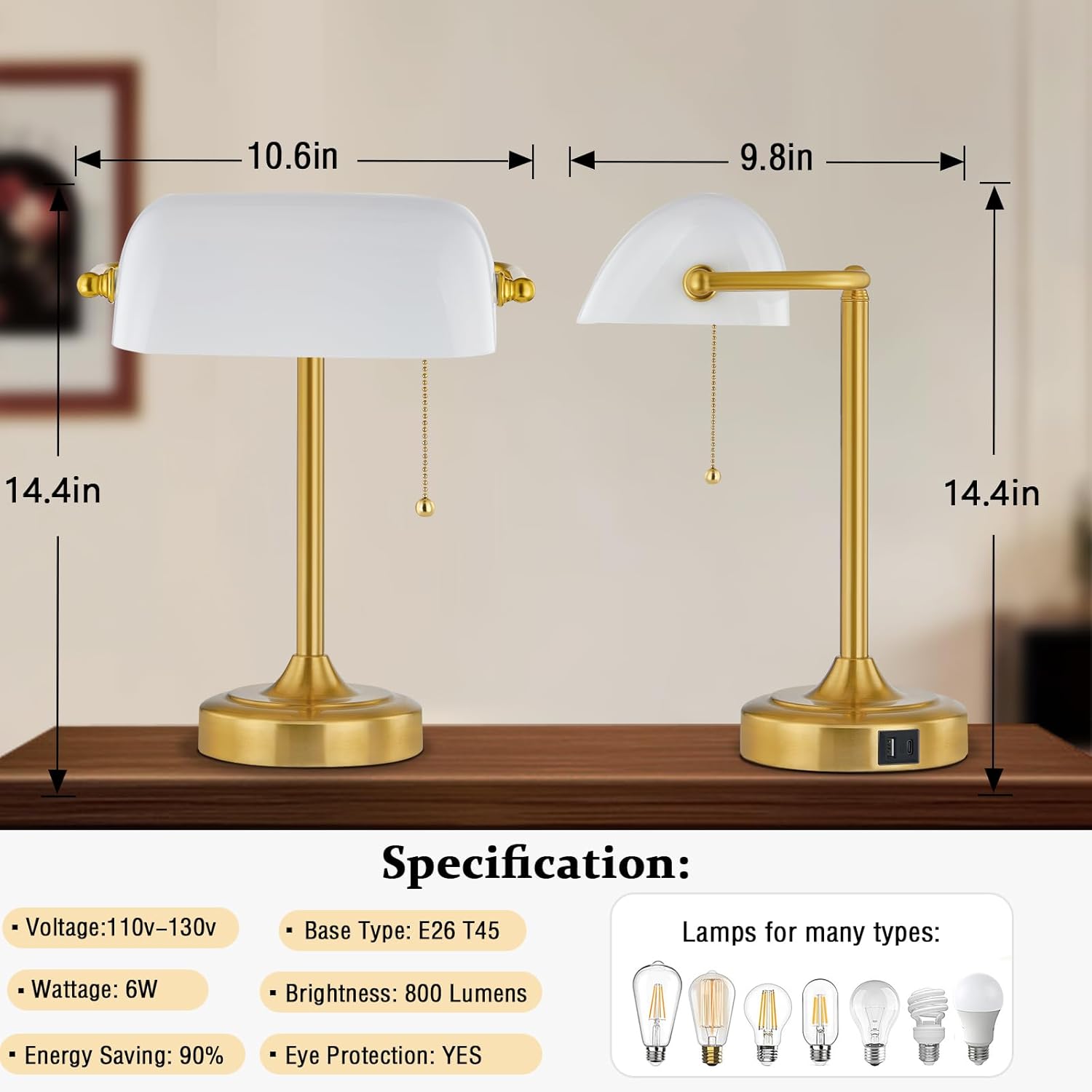 vintage desk lamp bankers lamp retro table lamp with usb & type c charging ports traditional pull chain switch library lamp for home office nightstand bedroom side table lamp(t45 bulb included)