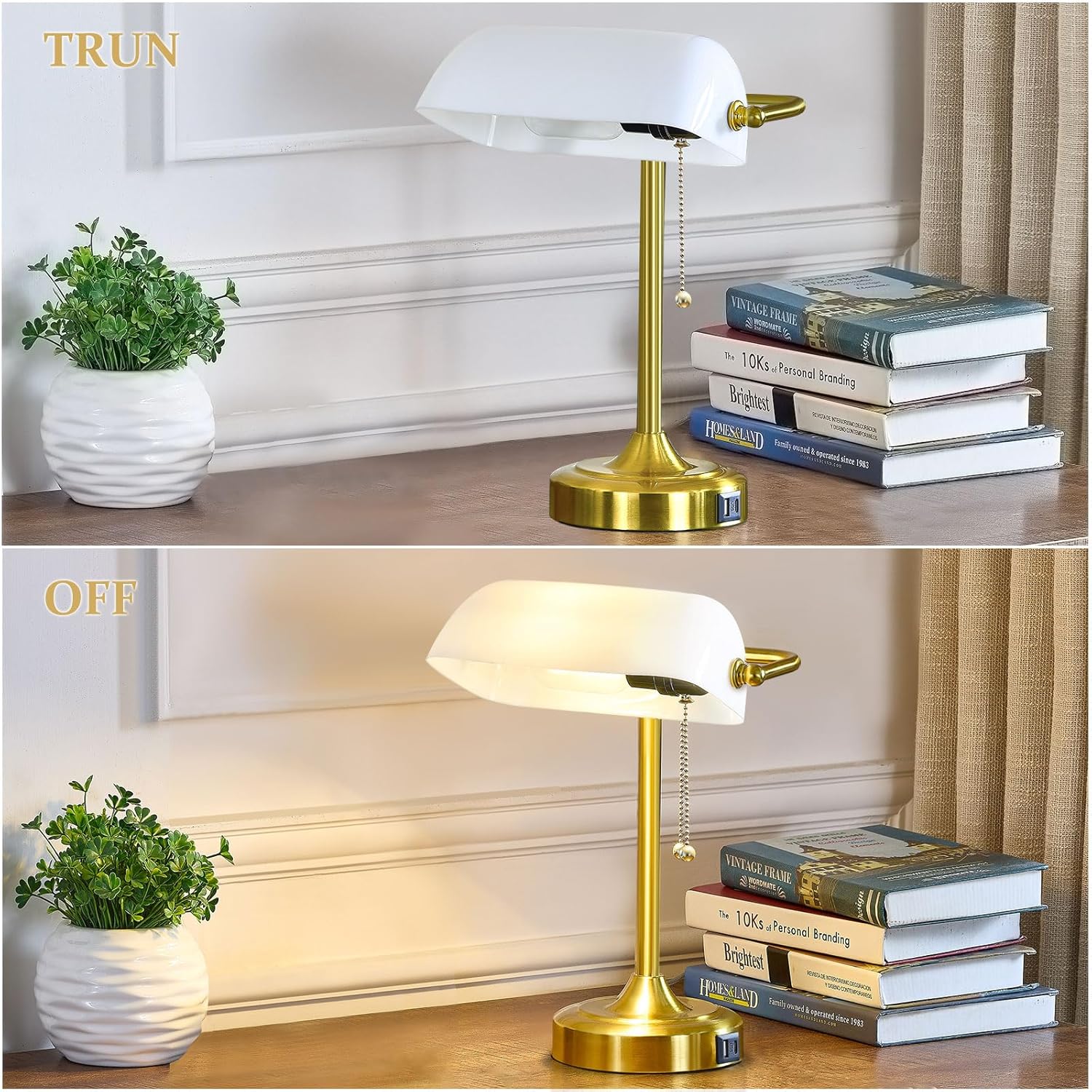vintage desk lamp bankers lamp retro table lamp with usb & type c charging ports traditional pull chain switch library lamp for home office nightstand bedroom side table lamp(t45 bulb included)