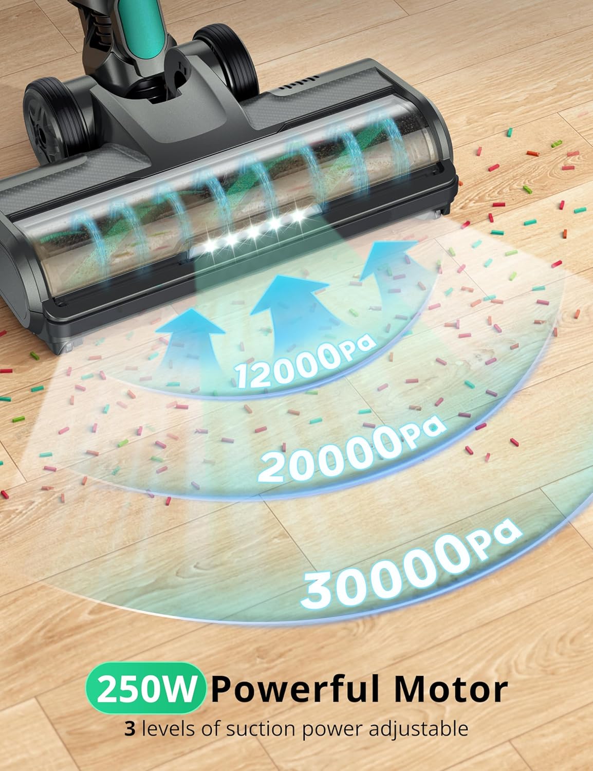 cordless vacuum cleaner 30kpa powerful stick vacuum, led display, three modes, 40 mins runtime rechargeable handheld vacuum for pet hair hardwood carpet green