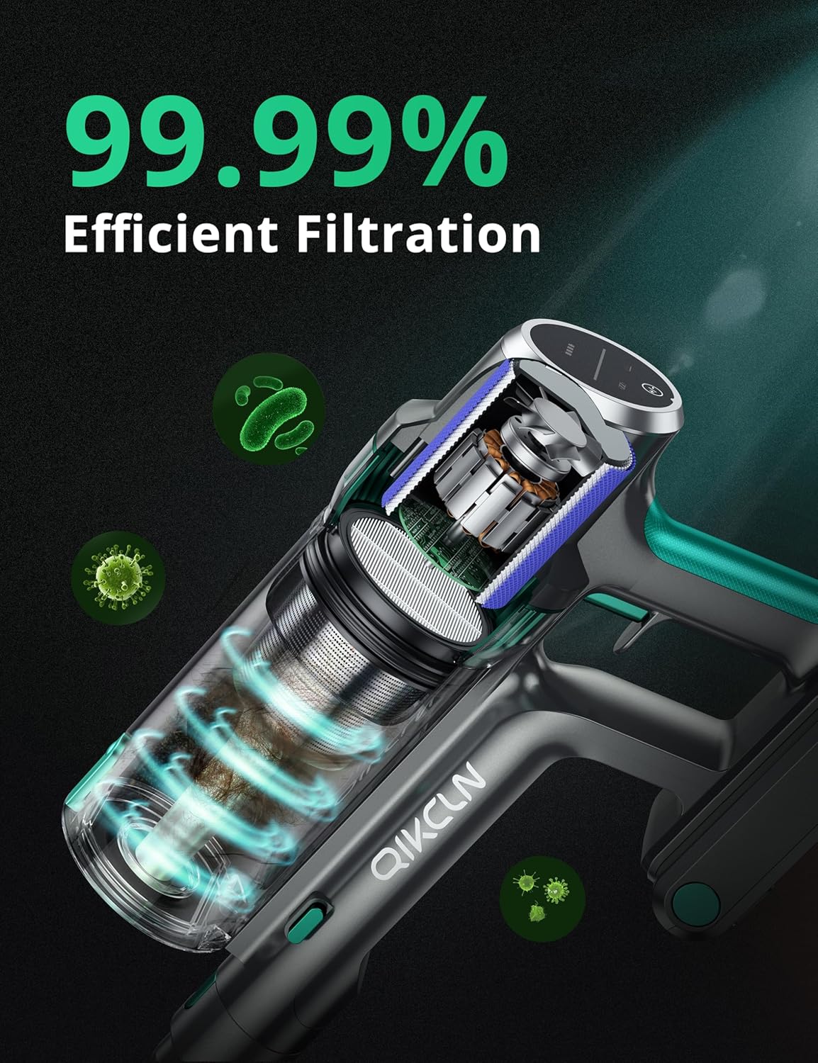 cordless vacuum cleaner 30kpa powerful stick vacuum, led display, three modes, 40 mins runtime rechargeable handheld vacuum for pet hair hardwood carpet green