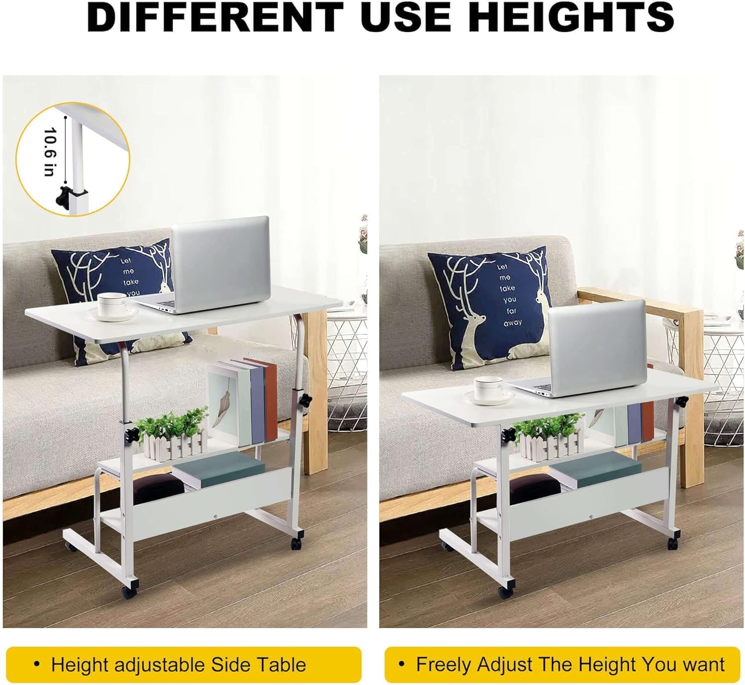 adjustable table student computer portable home office furniture small spaces sofa bedroom bedside desk learn play game desk on wheels movable with storage table size 31.5 * 15.7 inch,white d