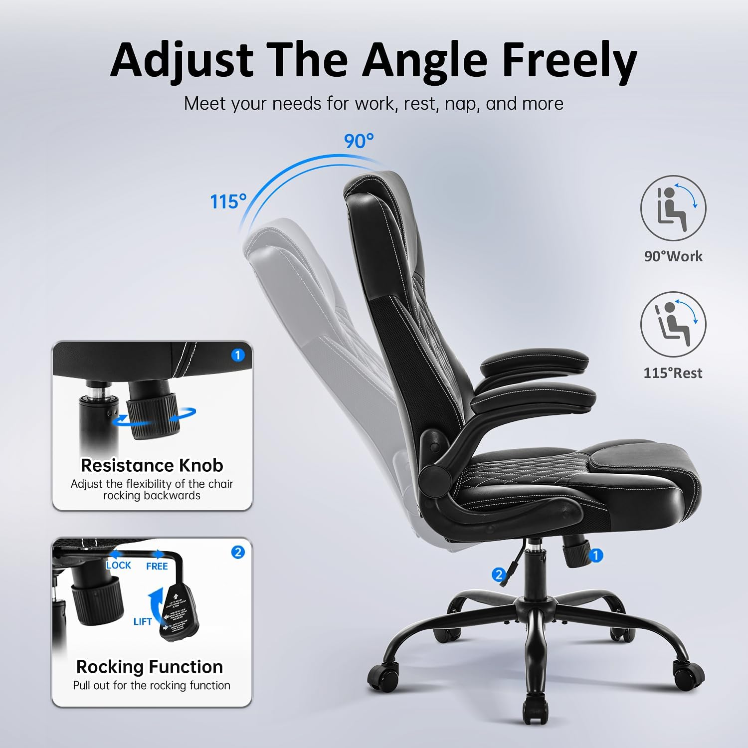 office chair, executive leather chair home office desk chairs, ergonomic computer desk chair with adjustable flip up arms, lumbar support swivel task chair with rocking function (black)