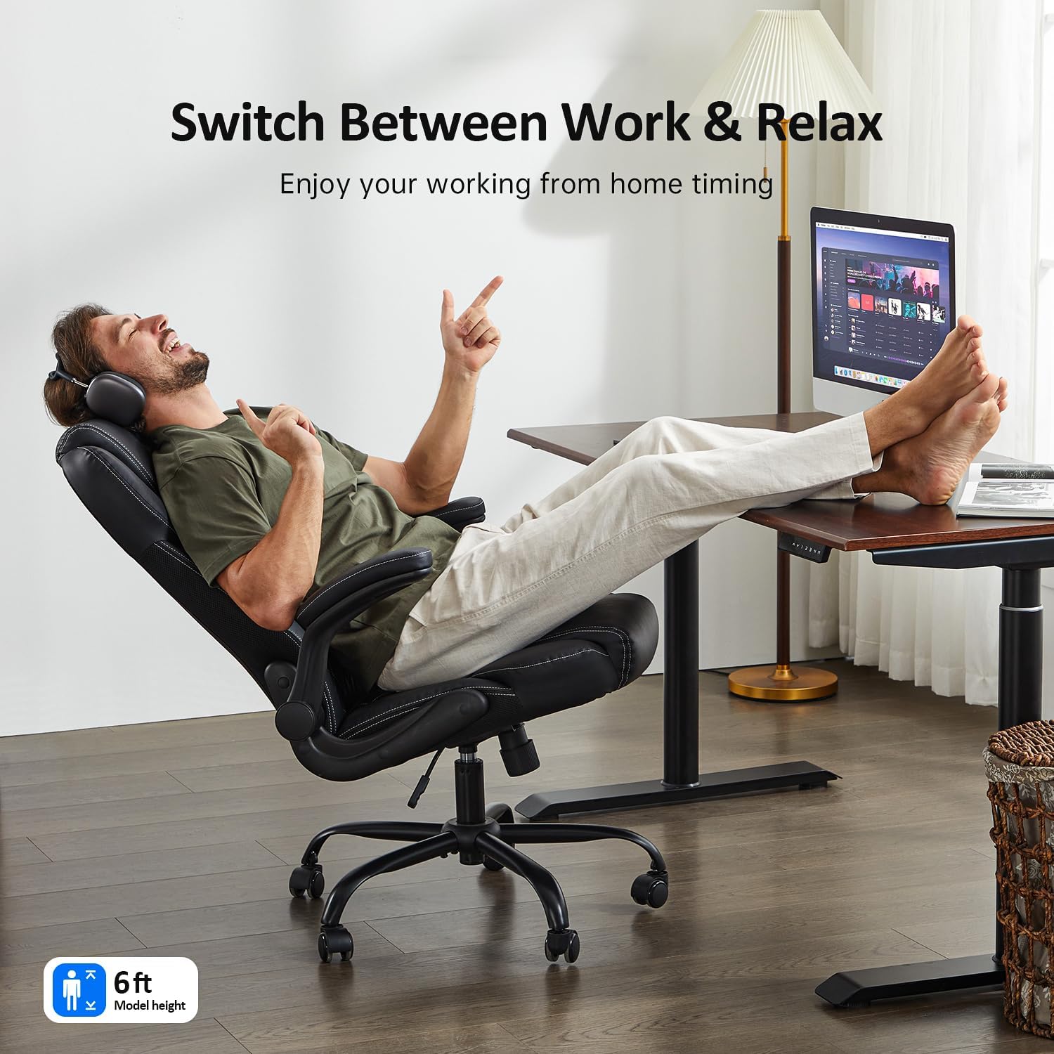 office chair, executive leather chair home office desk chairs, ergonomic computer desk chair with adjustable flip up arms, lumbar support swivel task chair with rocking function (black)