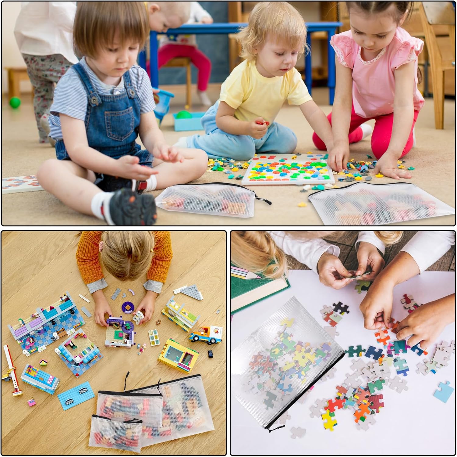 30pcs multisize mesh zipper pouch, yopcdj lego storage organizer, 8 sizes waterproof plastic document pouch, bags for travel storage, game, office supply and home organize