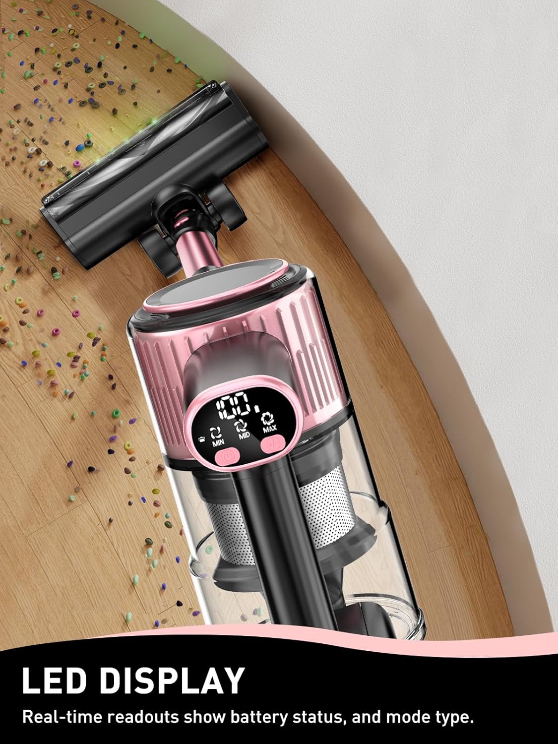 cordless vacuum cleaner, 8 in 1 powerful suction lightweight vacuum cleaner for home, led display, 3 suction modes, 45mins detachable battery vacuum for hard floor carpet pet hair, pink