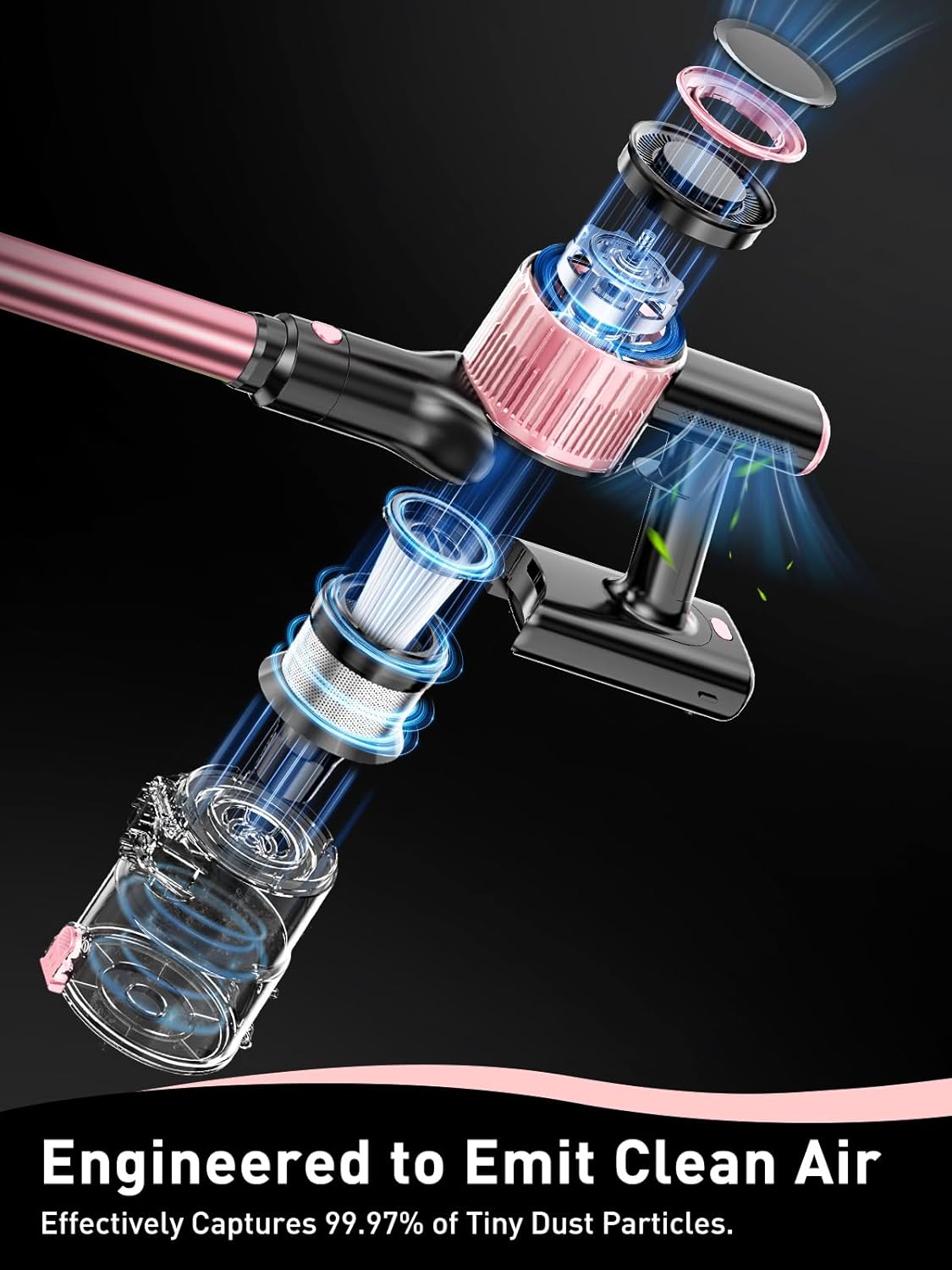 cordless vacuum cleaner, 8 in 1 powerful suction lightweight vacuum cleaner for home, led display, 3 suction modes, 45mins detachable battery vacuum for hard floor carpet pet hair, pink