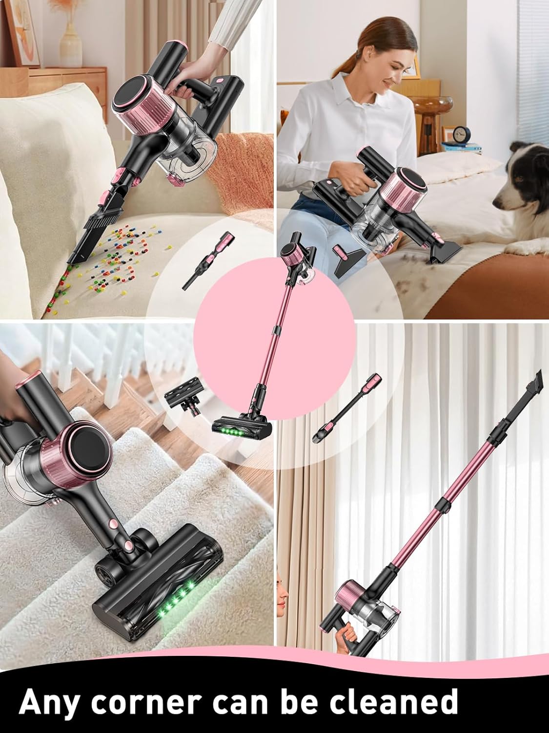 cordless vacuum cleaner, 8 in 1 powerful suction lightweight vacuum cleaner for home, led display, 3 suction modes, 45mins detachable battery vacuum for hard floor carpet pet hair, pink