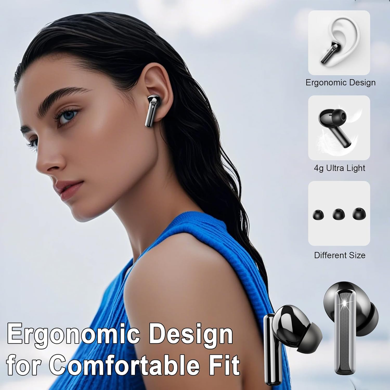 wireless earbuds, bluetooth 5.4 headphones with hifi stereo, in ear earphones with 4 enc mics, 48h bluetooth earbuds with led display charging case, ip7 waterproof ear buds for android ios black