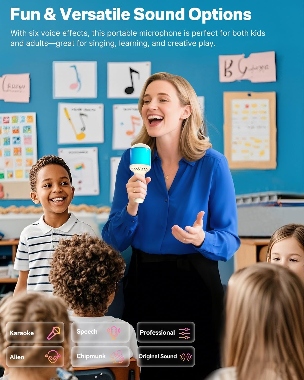 wireless bluetooth karaoke microphone with dynamic lights, portable handheld mic, 6 sound effects, 10h battery, perfect for kids singing, home parties, duet gift idea, works with all smartphones