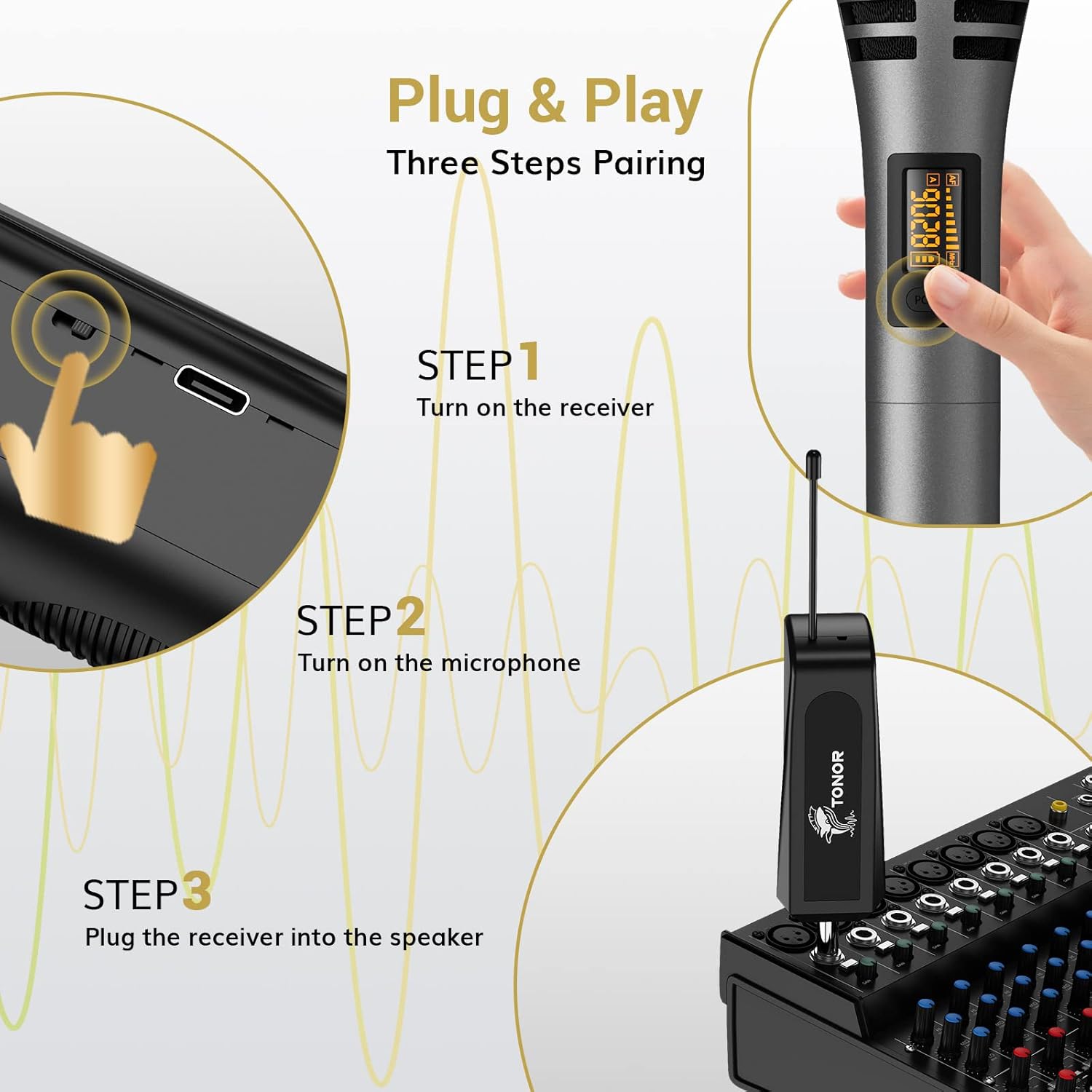 tonor wireless microphones, uhf dual karaoke microphone system, microfonos inalambricos with rechargeable receiver, cordless dynamic mic micro set for singing, wedding, dj, party, speech tw320 grey