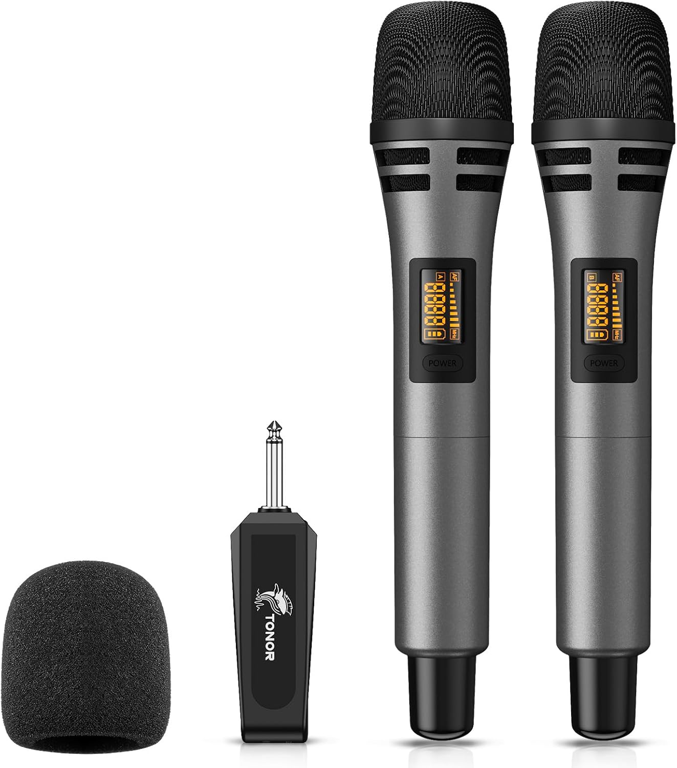 tonor wireless microphones, uhf dual karaoke microphone system, microfonos inalambricos with rechargeable receiver, cordless dynamic mic micro set for singing, wedding, dj, party, speech tw320 grey