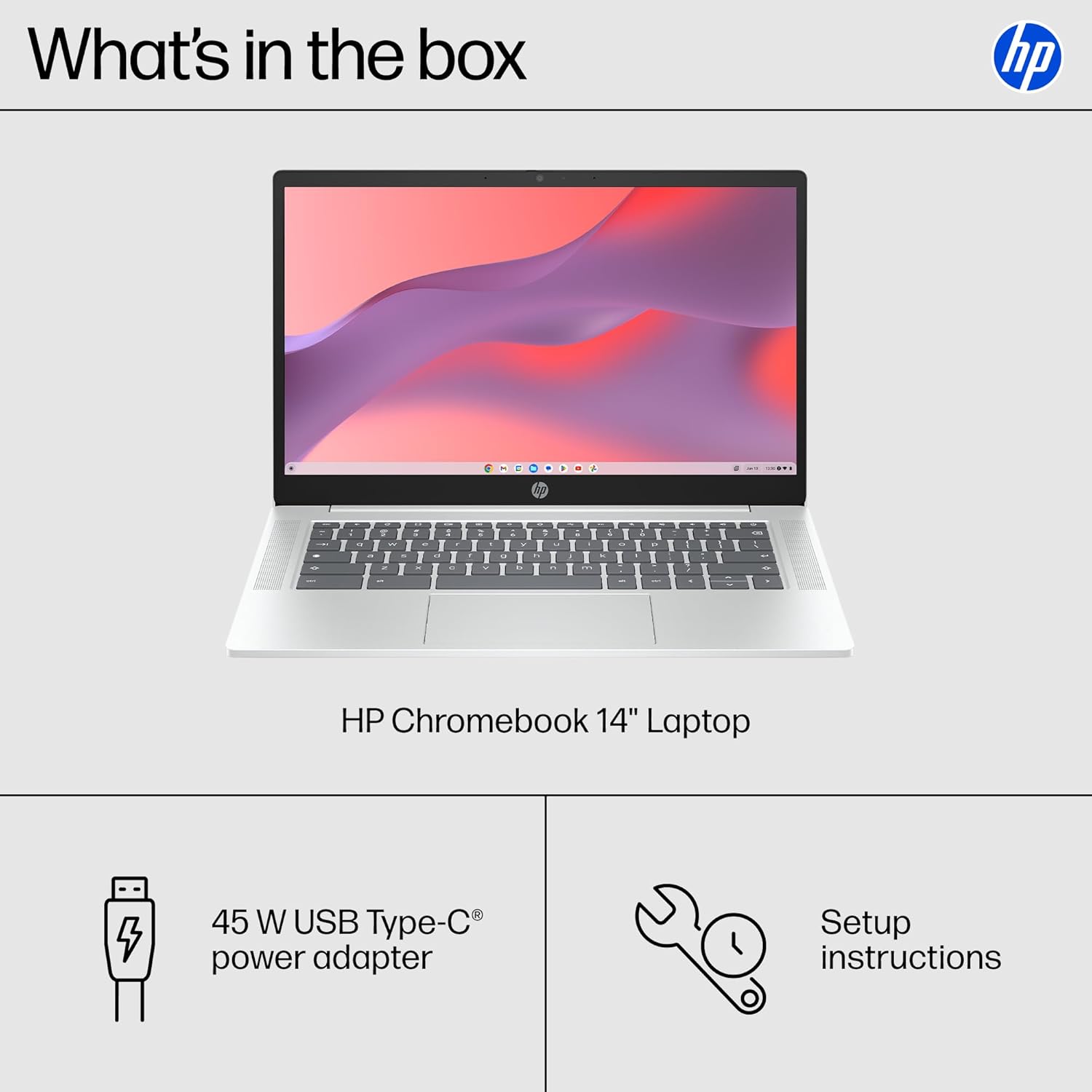 hp chromebook 14 inch laptop, hd display, intel processor n100, 4 gb ram, 64 gb emmc, intel uhd graphics, chrome os, glacier silver, 14a nf0019nr