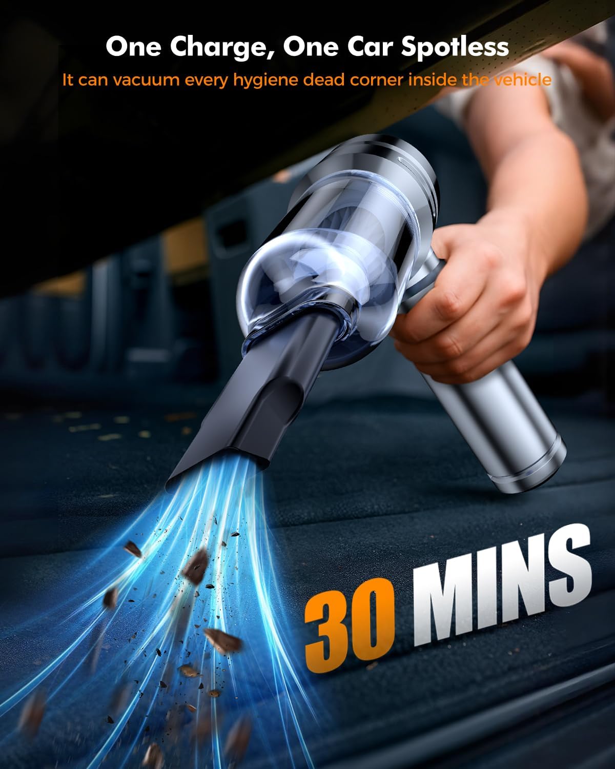 car vacuum,3 suction modes,portable mini cordless cleaner with 24000pa suction power,type c charge,handheld vacuum for home,car, office desk, keyboards(bright silver)