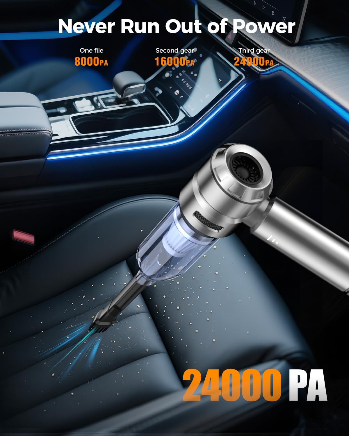 car vacuum,3 suction modes,portable mini cordless cleaner with 24000pa suction power,type c charge,handheld vacuum for home,car, office desk, keyboards(bright silver)