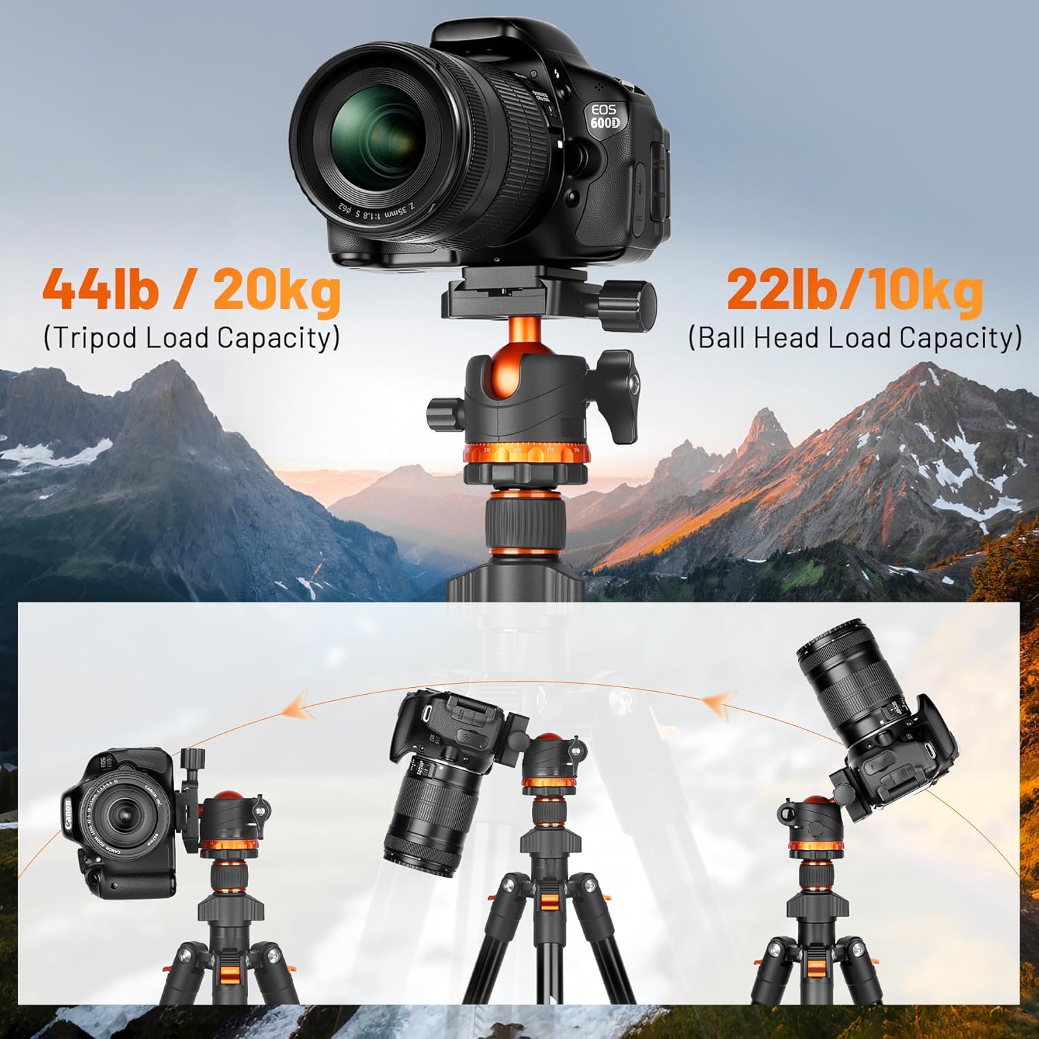 joilcan 66" camera tripod, travel tripod for camera with 360° ball head & phone holder, lightweight compact tripod for dslr/smartphone photography, max load 22lbs