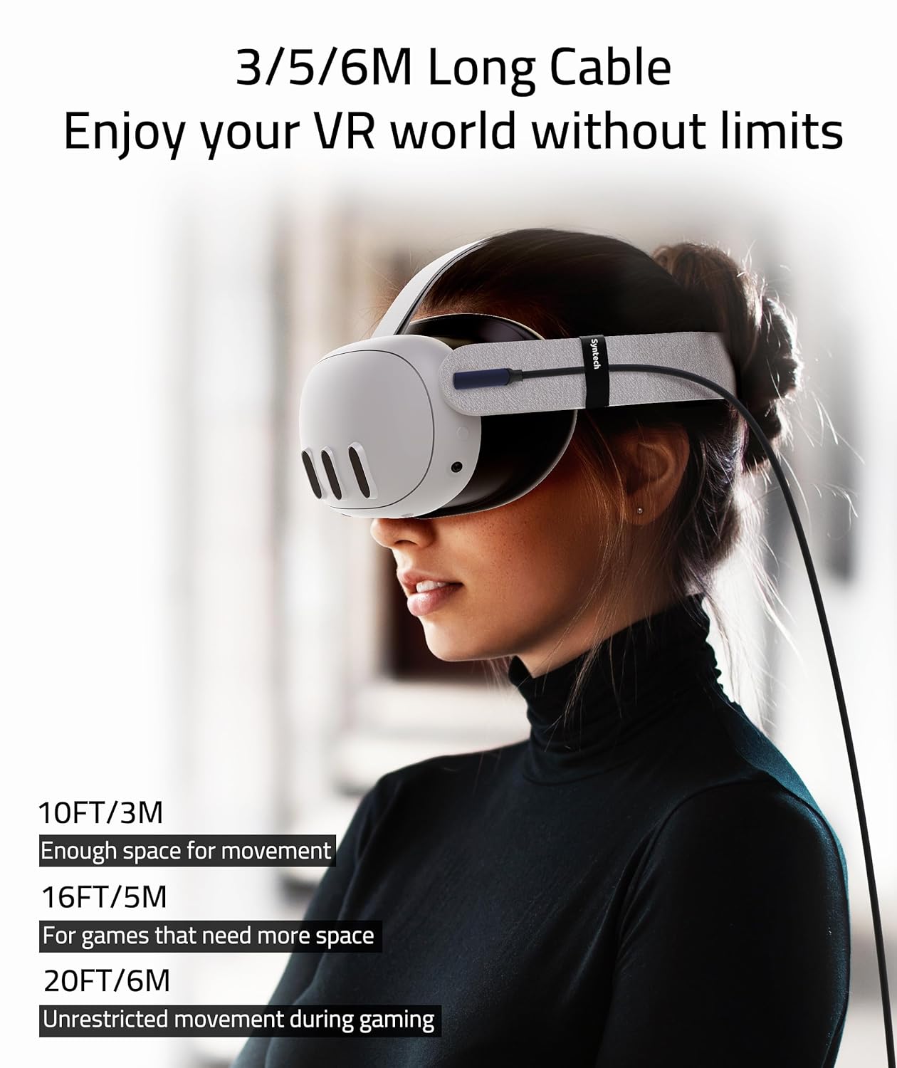 syntech link cable 20 ft compatible with oculus/meta quest 3/meta quest 3s, quest2/pro/pico 4/ultra accessories and pc/steamvr, high speed pc data transfer, usb 3.0 to usb cable for vr headset, black