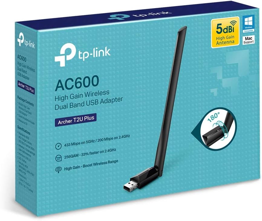 tp link ac600 usb wifi adapter for pc (archer t2u plus) wireless network adapter for desktop with 2.4ghz, 5ghz high gain dual band 5dbi antenna, supports win11/10/8.1/8/7/xp, mac os 10.9 10.14, black