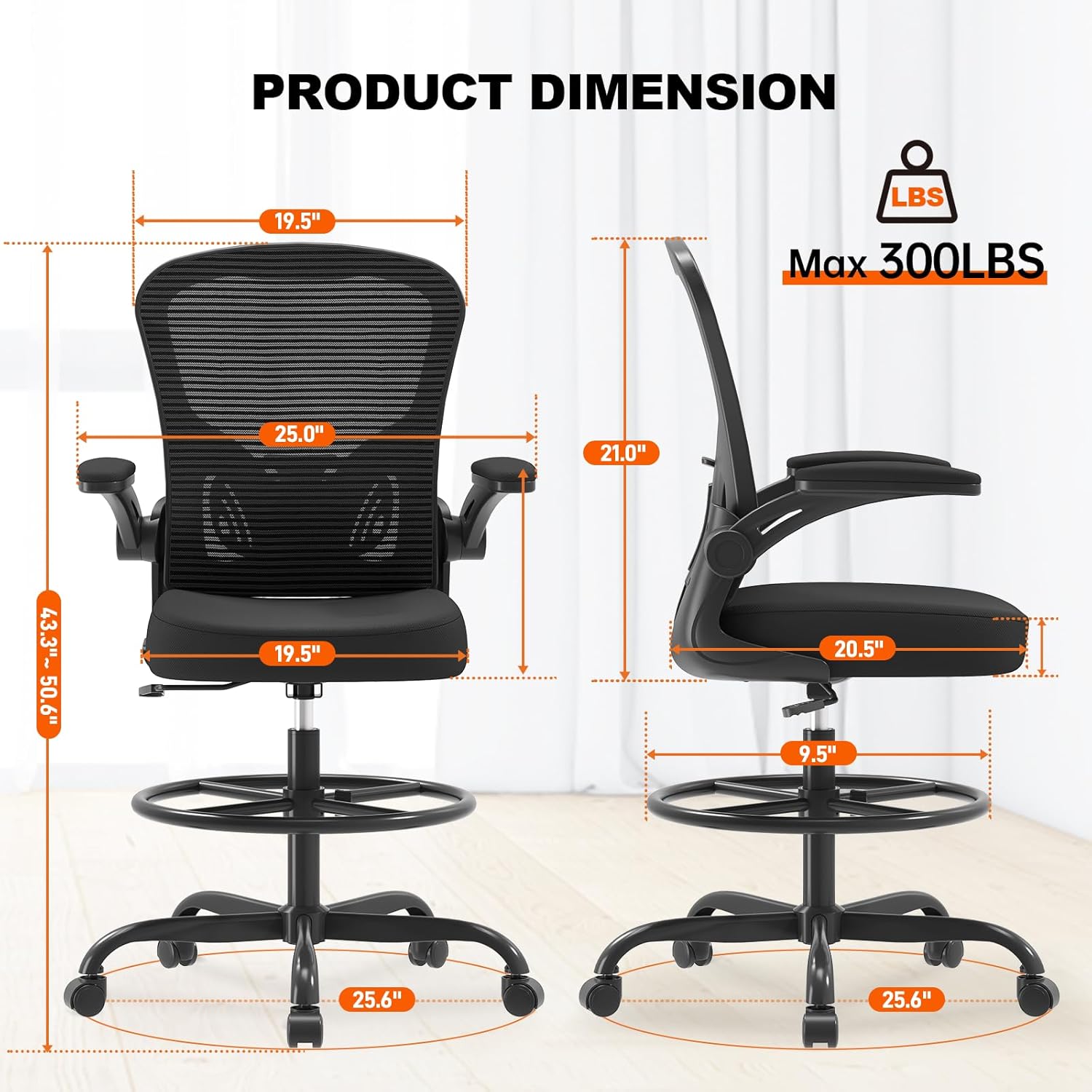 ergonomic drafting chair, tall office chair with flip up armrests, breathable mesh high desk chair with lumbar support adjustable footrest ring for standing desk black