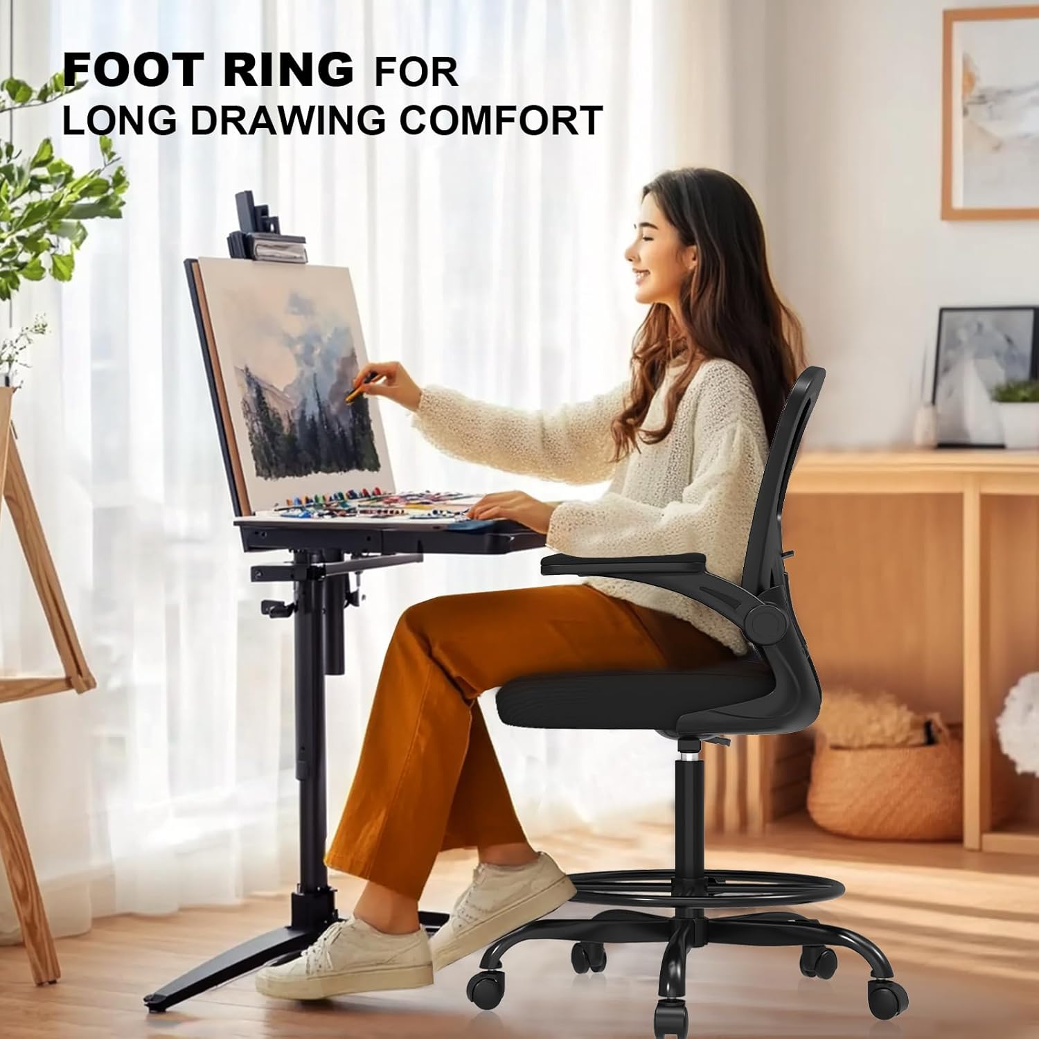 ergonomic drafting chair, tall office chair with flip up armrests, breathable mesh high desk chair with lumbar support adjustable footrest ring for standing desk black