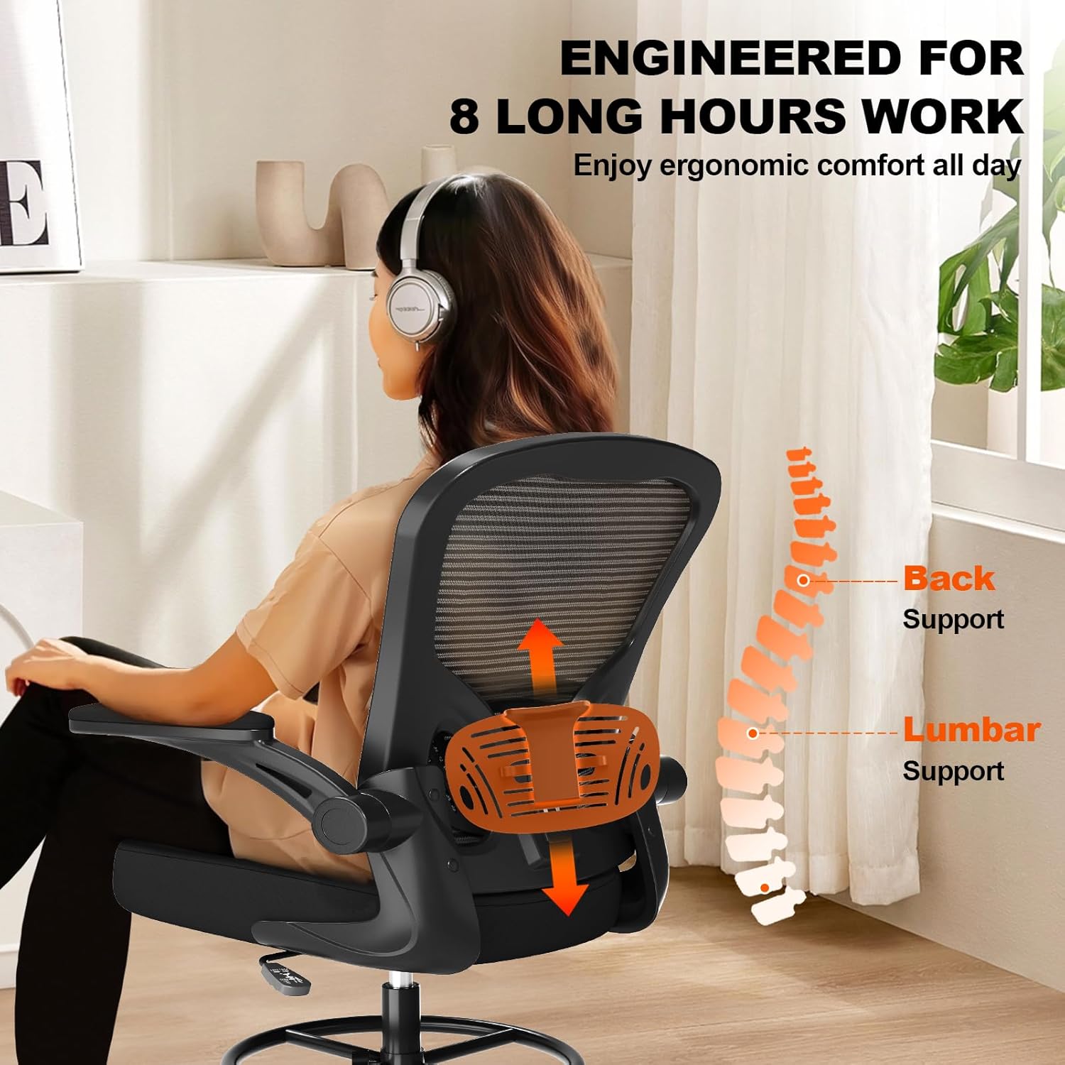 ergonomic drafting chair, tall office chair with flip up armrests, breathable mesh high desk chair with lumbar support adjustable footrest ring for standing desk black