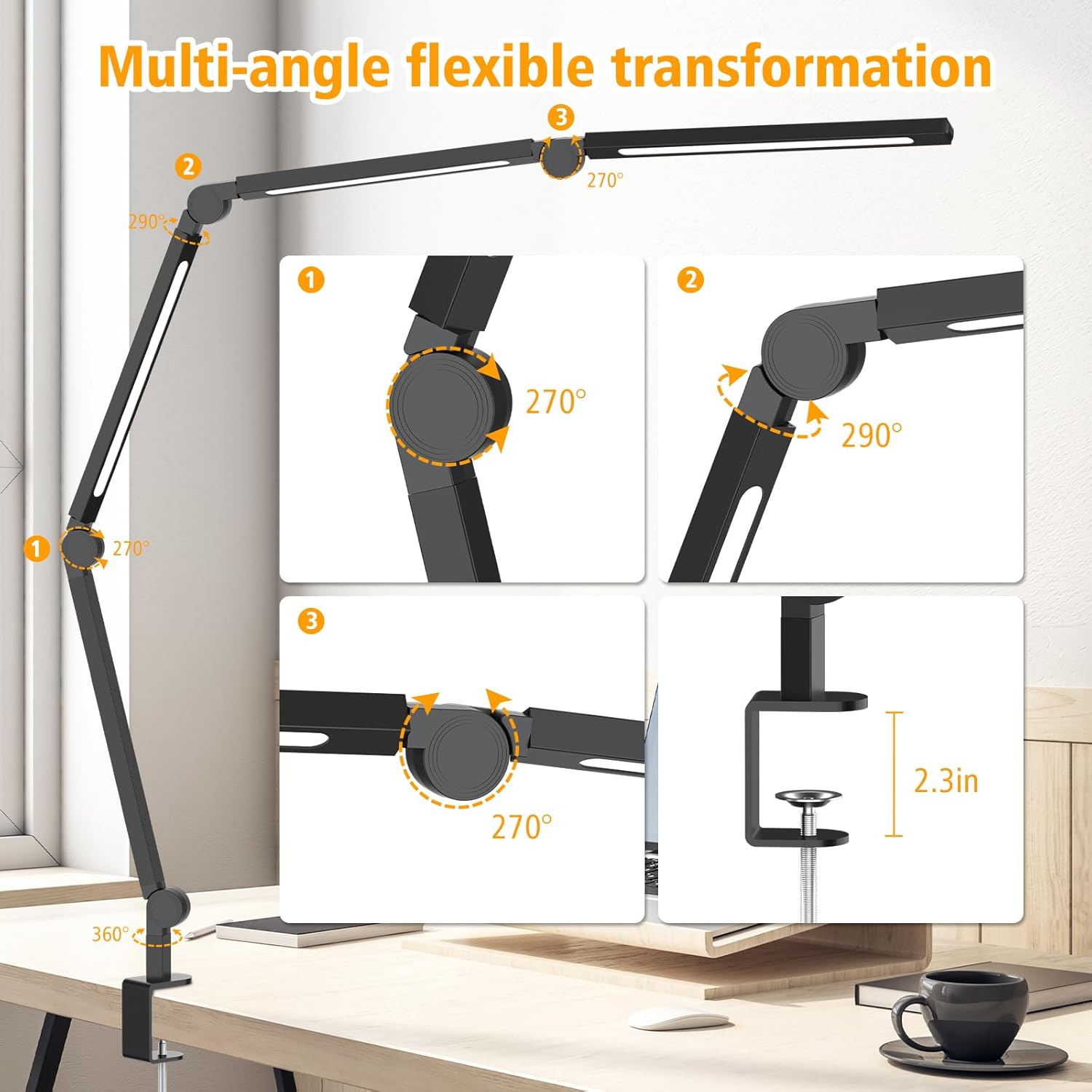 led desk lamp with clamp,adjustable swing arm desk lamps for home office,dimmable tempering eye care desk light bright modern led table lamp for nail tech architect,flexible tall task table light