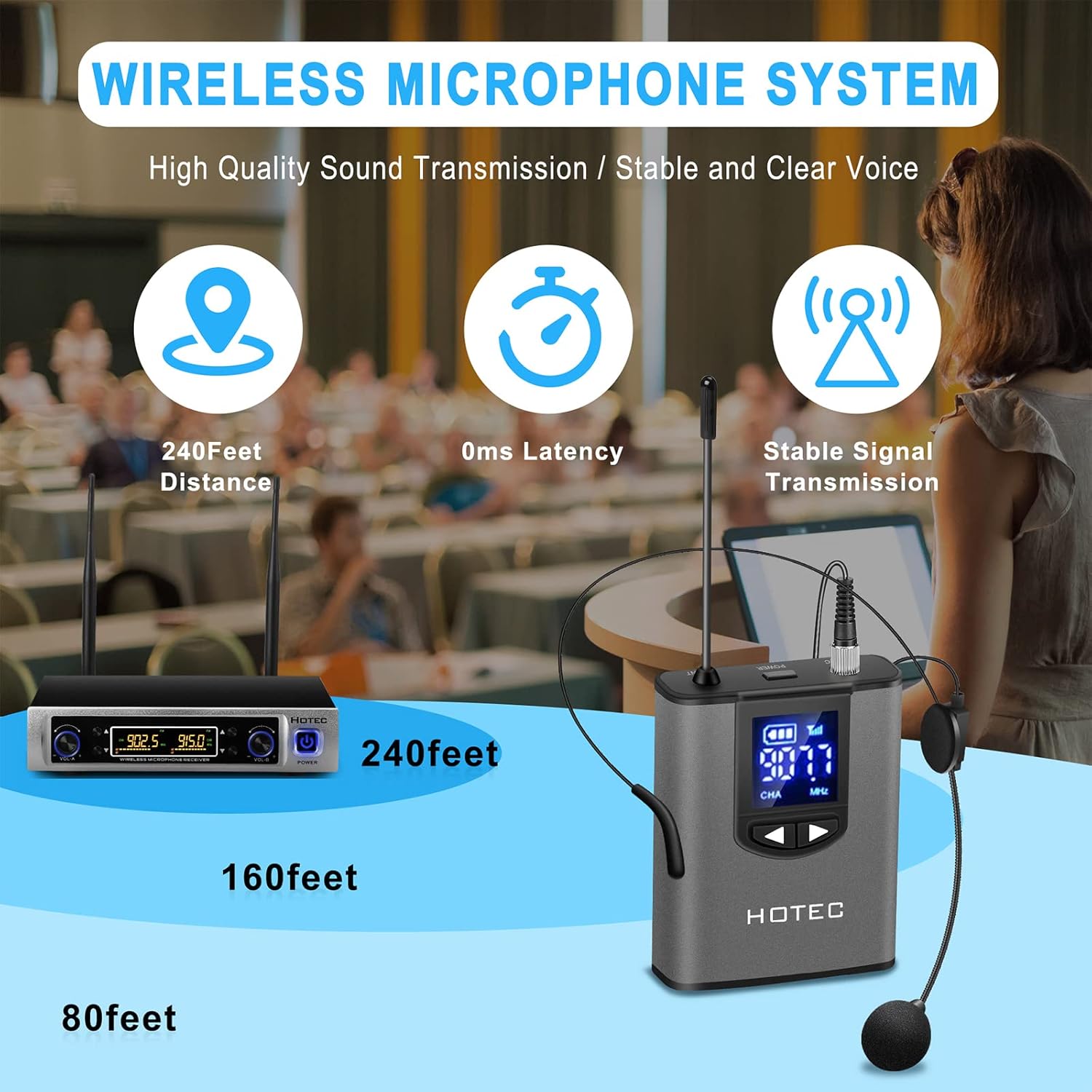hotec uhf wireless microphone system with dual lapel/lavalier and headset microphones over pa, mixer, speaker, karaoke machine for church, training, classroom, interview (h k25)