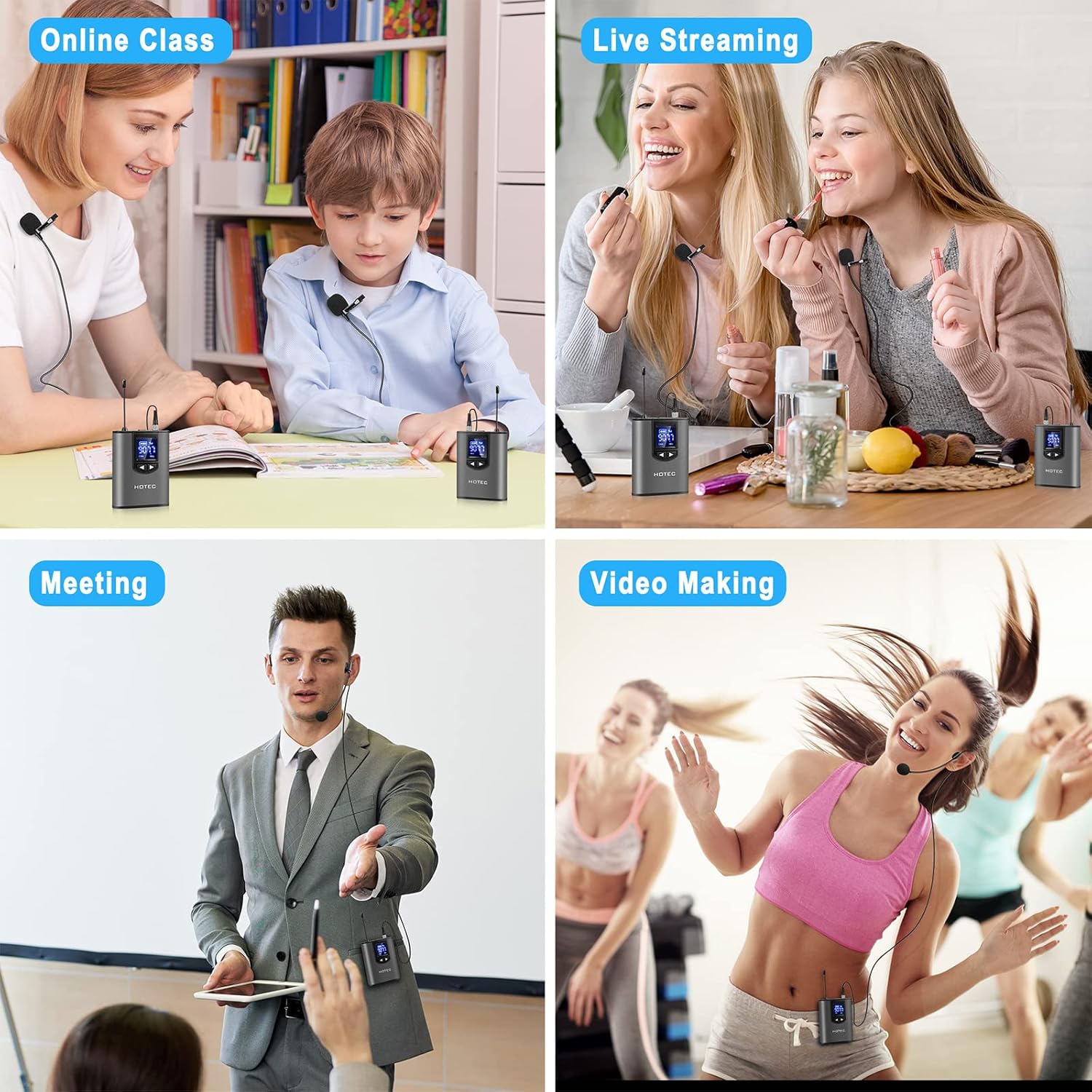 hotec uhf wireless microphone system with dual lapel/lavalier and headset microphones over pa, mixer, speaker, karaoke machine for church, training, classroom, interview (h k25)