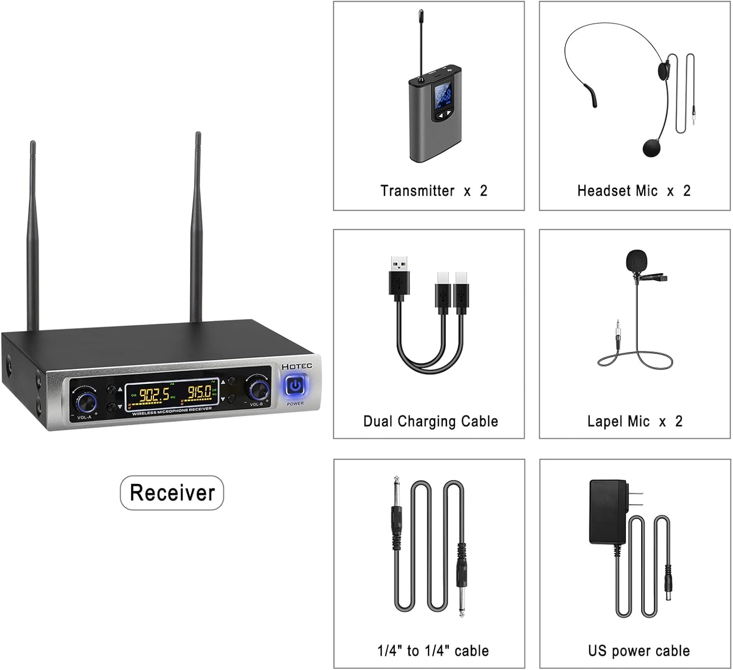 hotec uhf wireless microphone system with dual lapel/lavalier and headset microphones over pa, mixer, speaker, karaoke machine for church, training, classroom, interview (h k25)