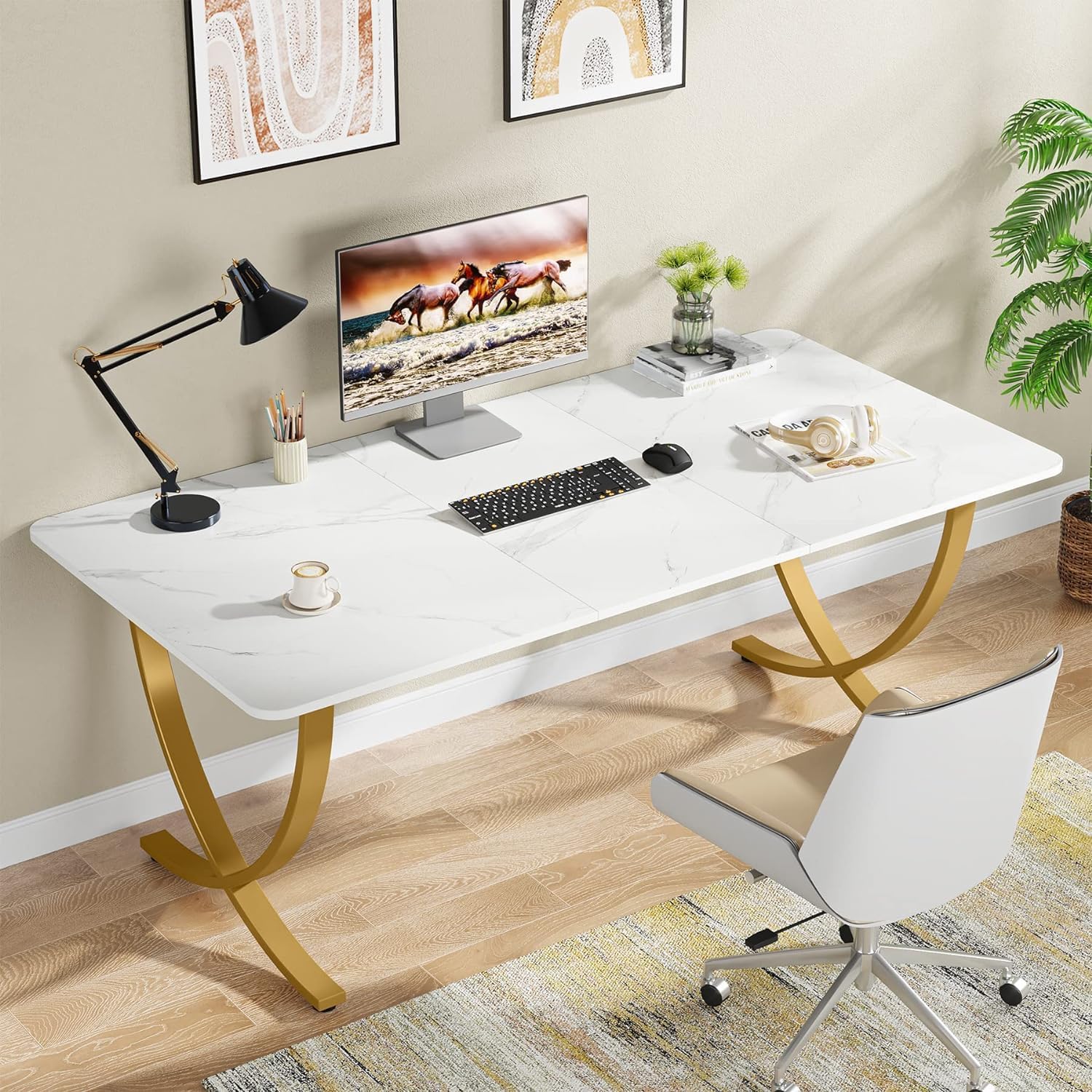tribesigns executive desk, 63” w x 31.5” d large office desk, modern computer desk conference table meeting room table, business furniture for home office, white and gold