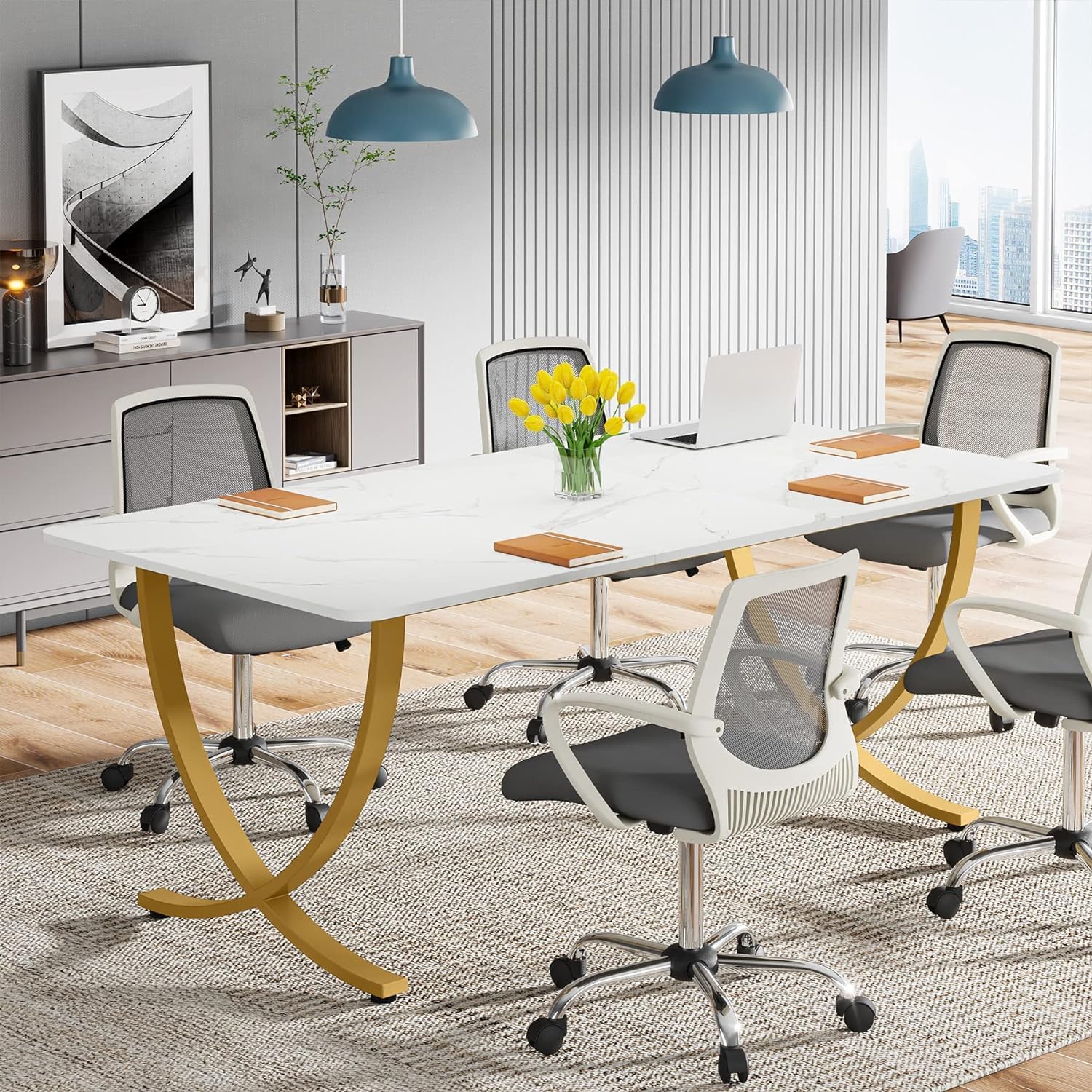 tribesigns executive desk, 63” w x 31.5” d large office desk, modern computer desk conference table meeting room table, business furniture for home office, white and gold