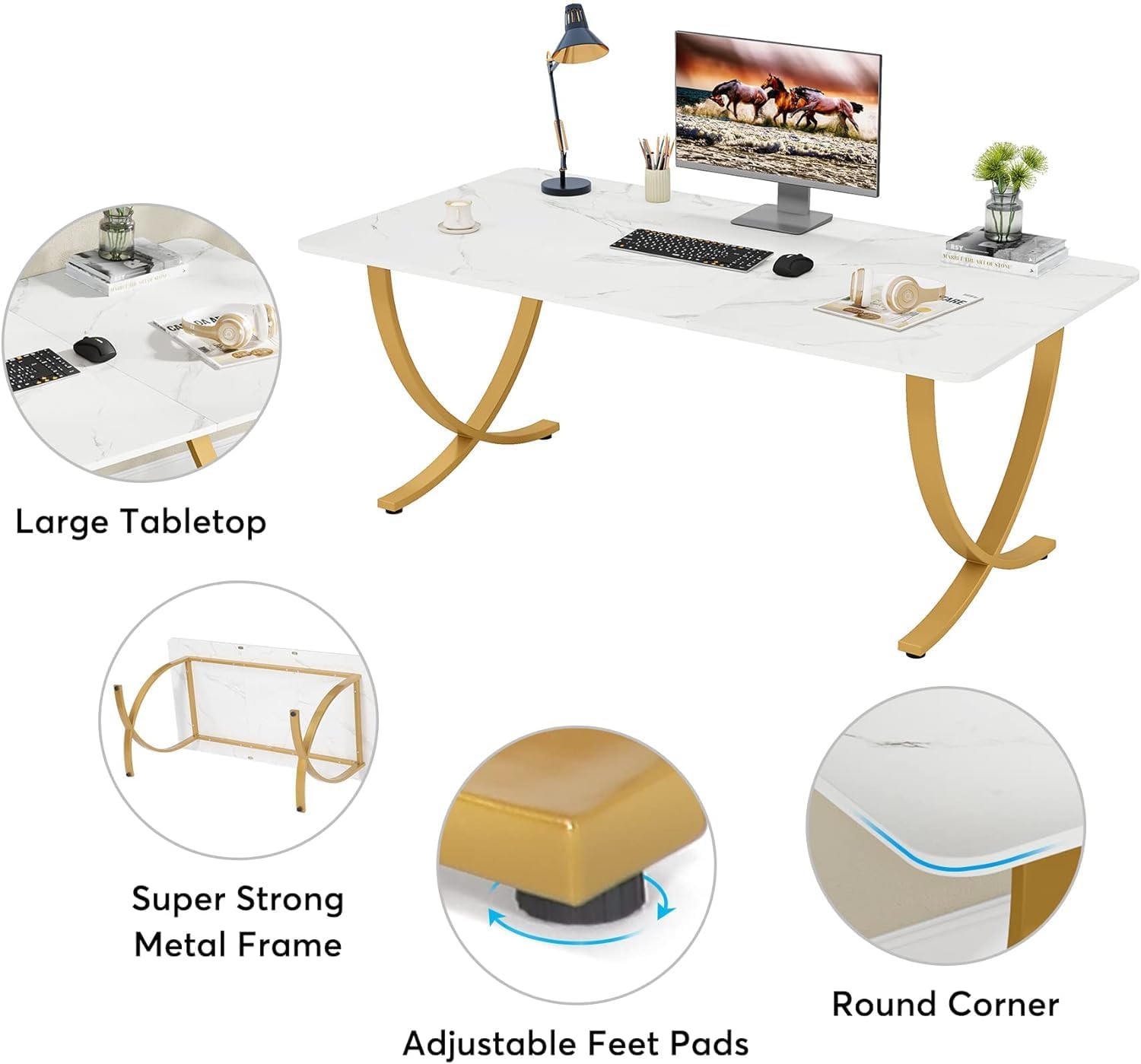 tribesigns executive desk, 63” w x 31.5” d large office desk, modern computer desk conference table meeting room table, business furniture for home office, white and gold