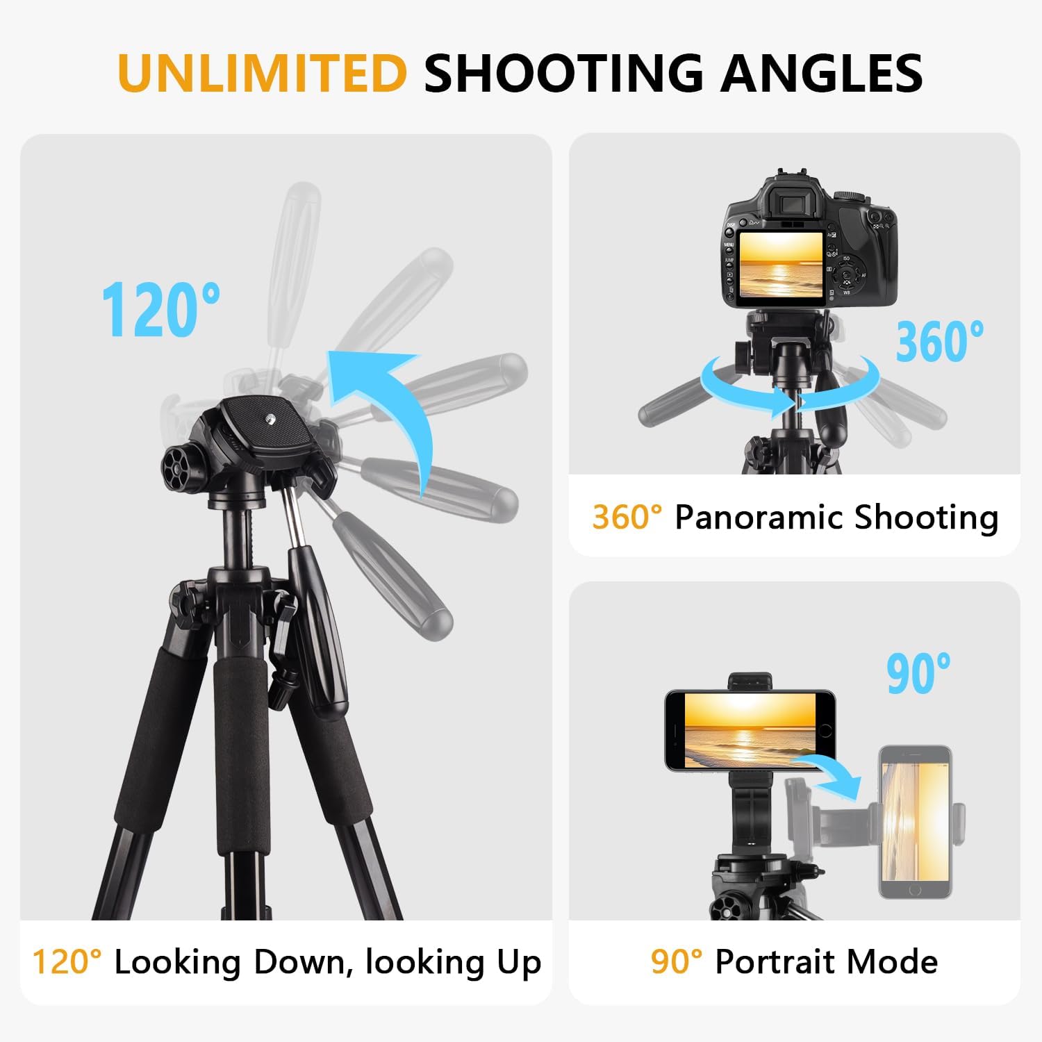 74" camera tripod, expandable camera tripod stand for camera and phone, spotting scope tripod, camera stand for photography, video recording, compatible with dslr, iphone, spotting scopes