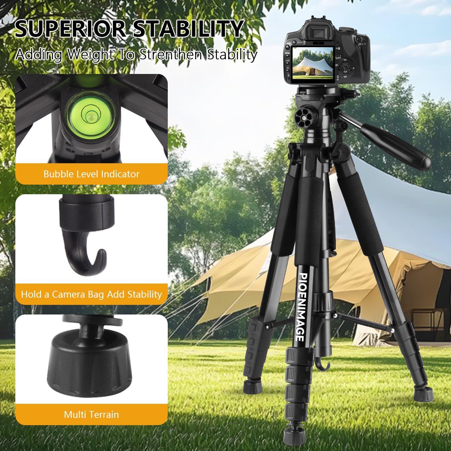 74" camera tripod, expandable camera tripod stand for camera and phone, spotting scope tripod, camera stand for photography, video recording, compatible with dslr, iphone, spotting scopes