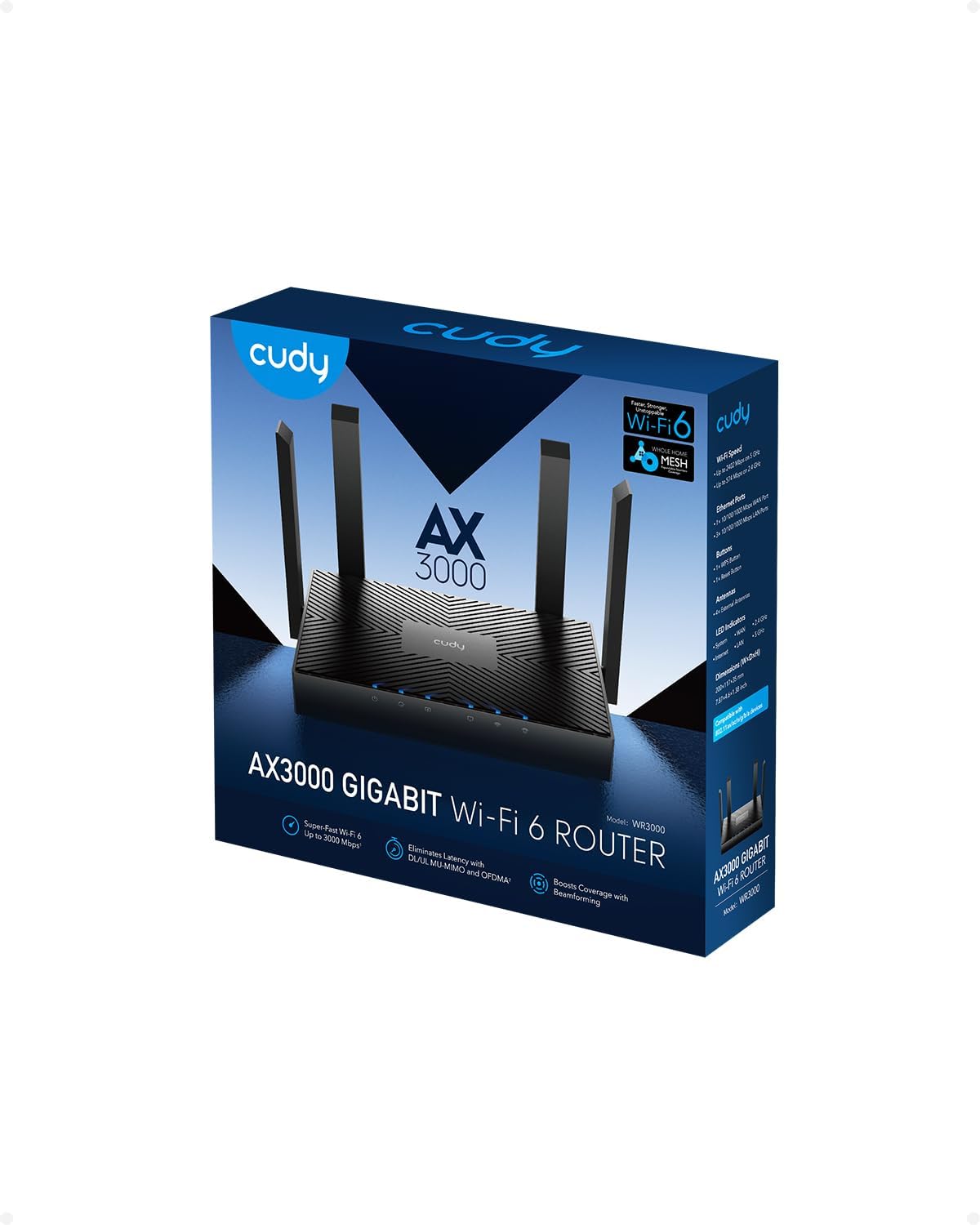 cudy ax3000 wifi 6 router – 802.11ax wireless dual band gigabit internet router, vpn compatible, mu mimo, wireguard, cudy mesh compatible wr3000