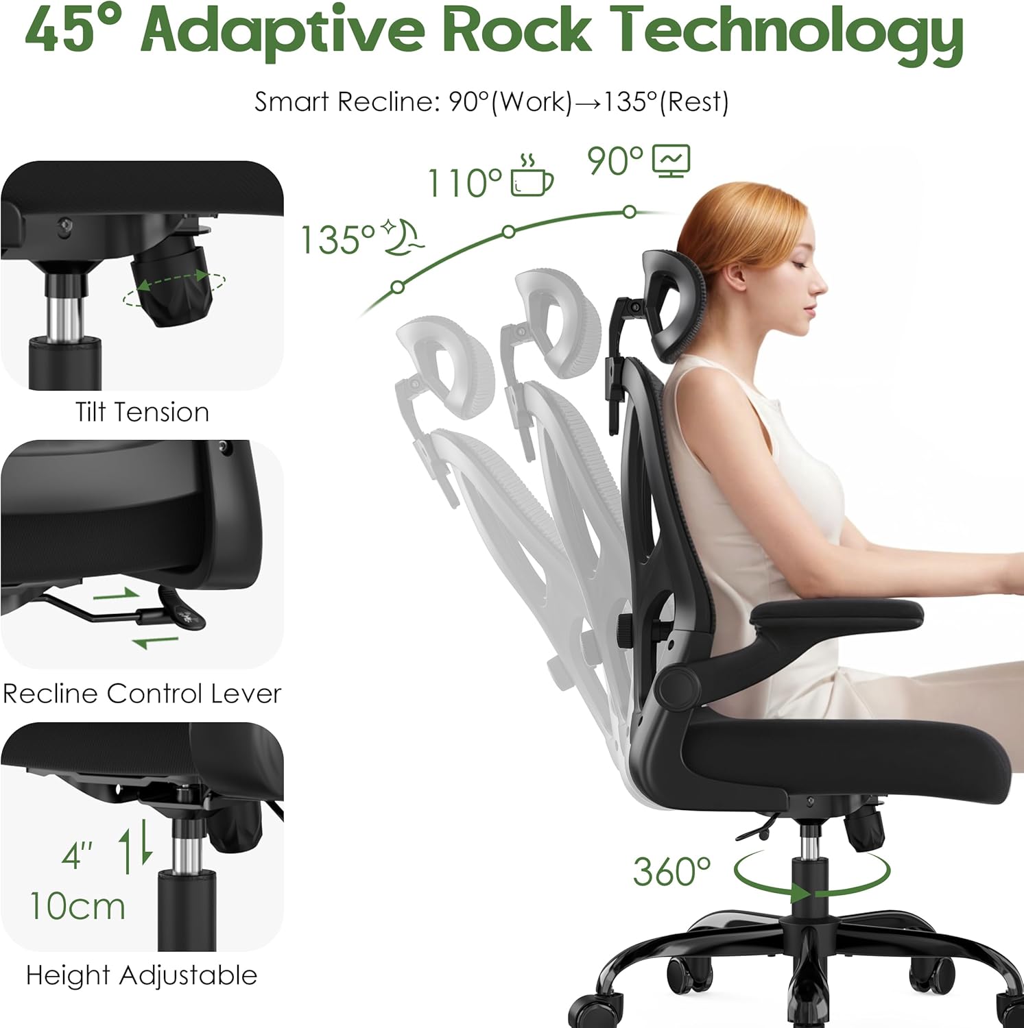 office chair ergonomic desk chair mesh high back office chair with headrests wheels lumbar support home desk office chairs flip up armrest executive rolling swivel task computer chair black