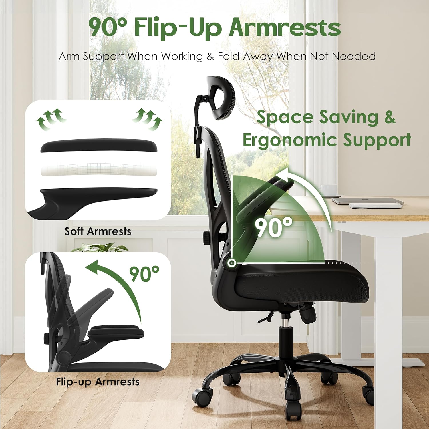 office chair ergonomic desk chair mesh high back office chair with headrests wheels lumbar support home desk office chairs flip up armrest executive rolling swivel task computer chair black