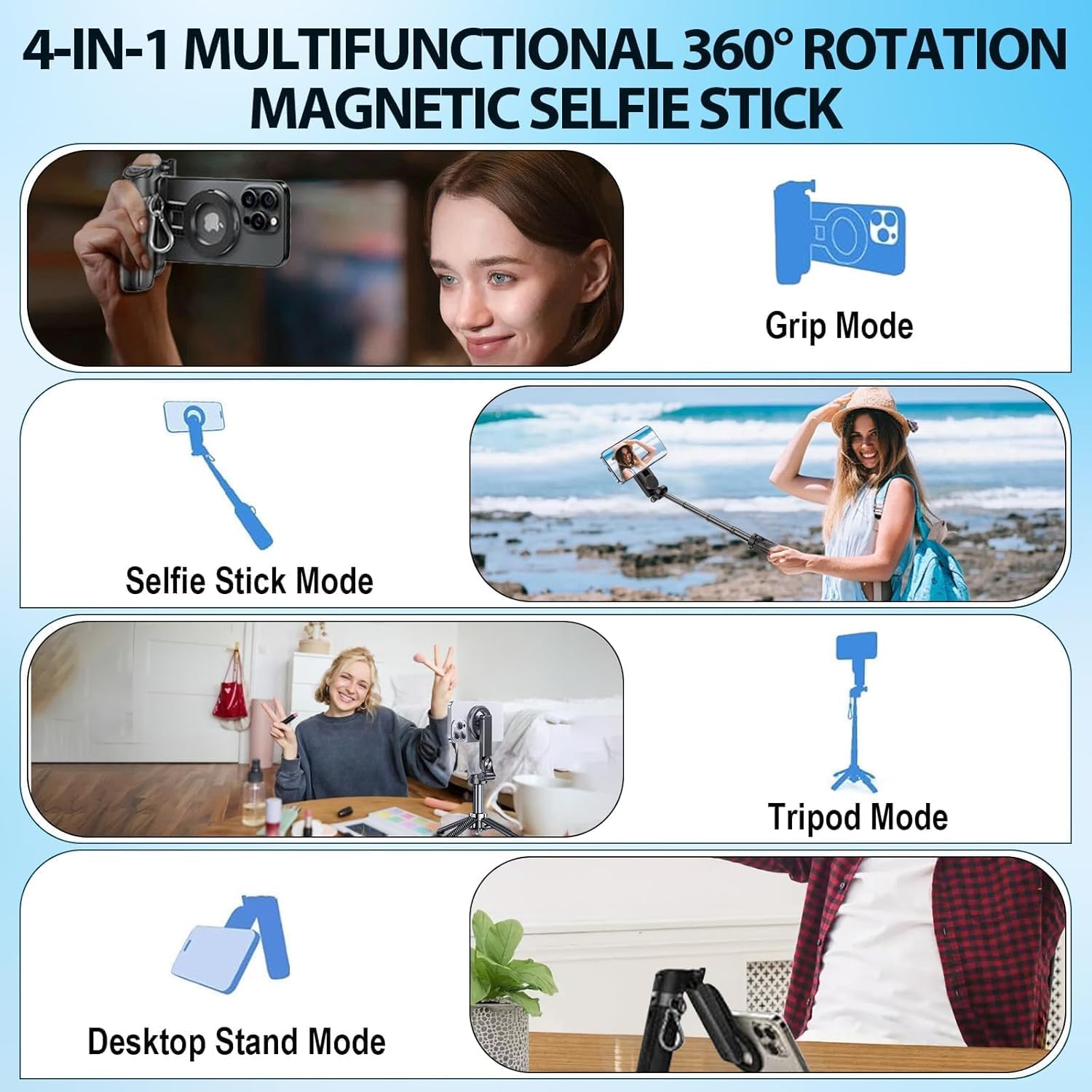 4 in 1 multifunctional 360° rotation magnetic selfie stick universal magnetic phone tripod with wireless remote,portable extendable mag tripod,for video recording & vlog,for iphone & android